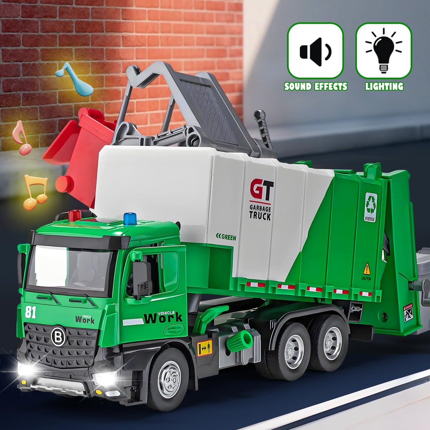HAPYAD Side Loading Garbage Truck Toys Metal CAB, Trash Truck with Air-Pump Function, Lights & Sounds, Includes 4 Trash Bins, Learning Cards, Birthday Gift for Toddlers Kids 12"