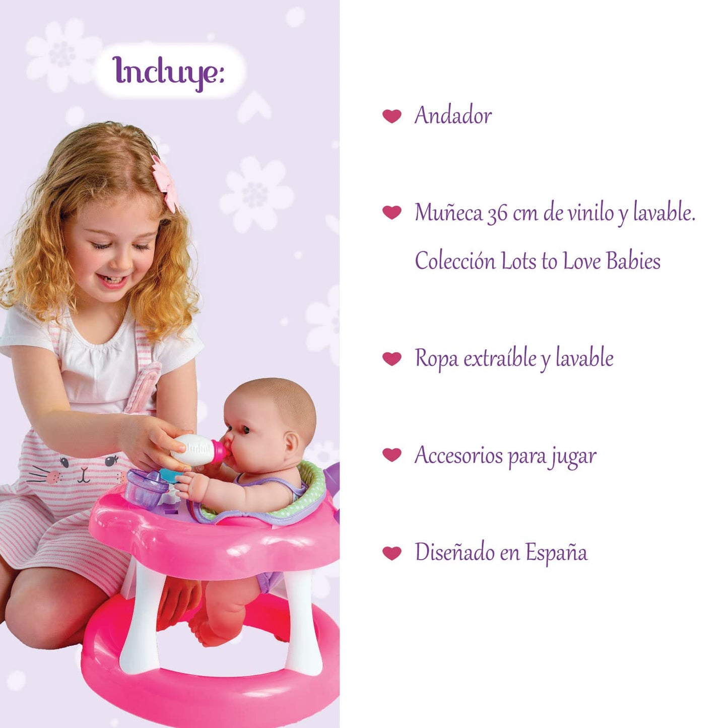 JC Toys Lots to Love Babies 14"" Doll and Walker | Wheeled Walker Gift Set and Accessories | Posable & Waterproof | Ages 2+" (16198), Pink