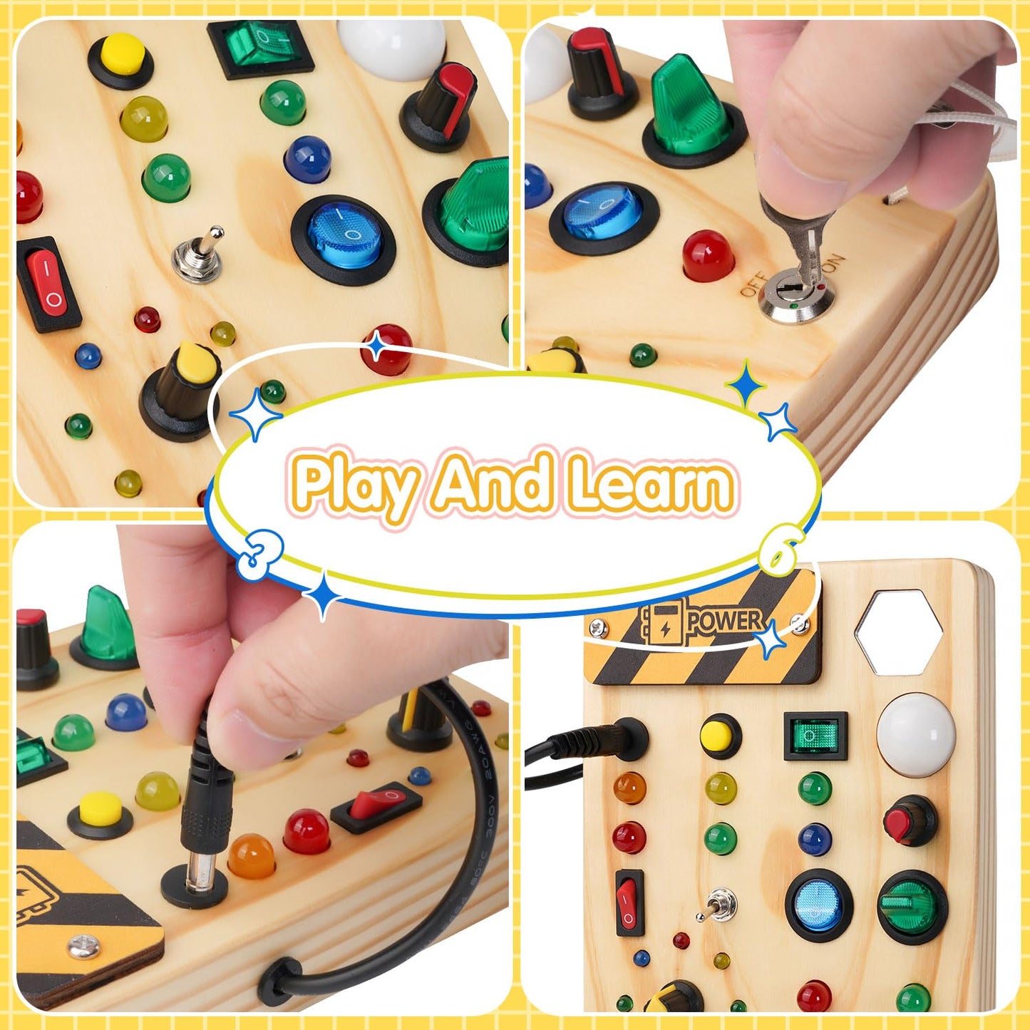 Sabdrau Montessori Busy Board Toys: Wooden Sensory Toy for Toddler with LED Light Up Switch, Educational/Christmas/Birthday Gifts for 1-3 Year Old Boys & Girls