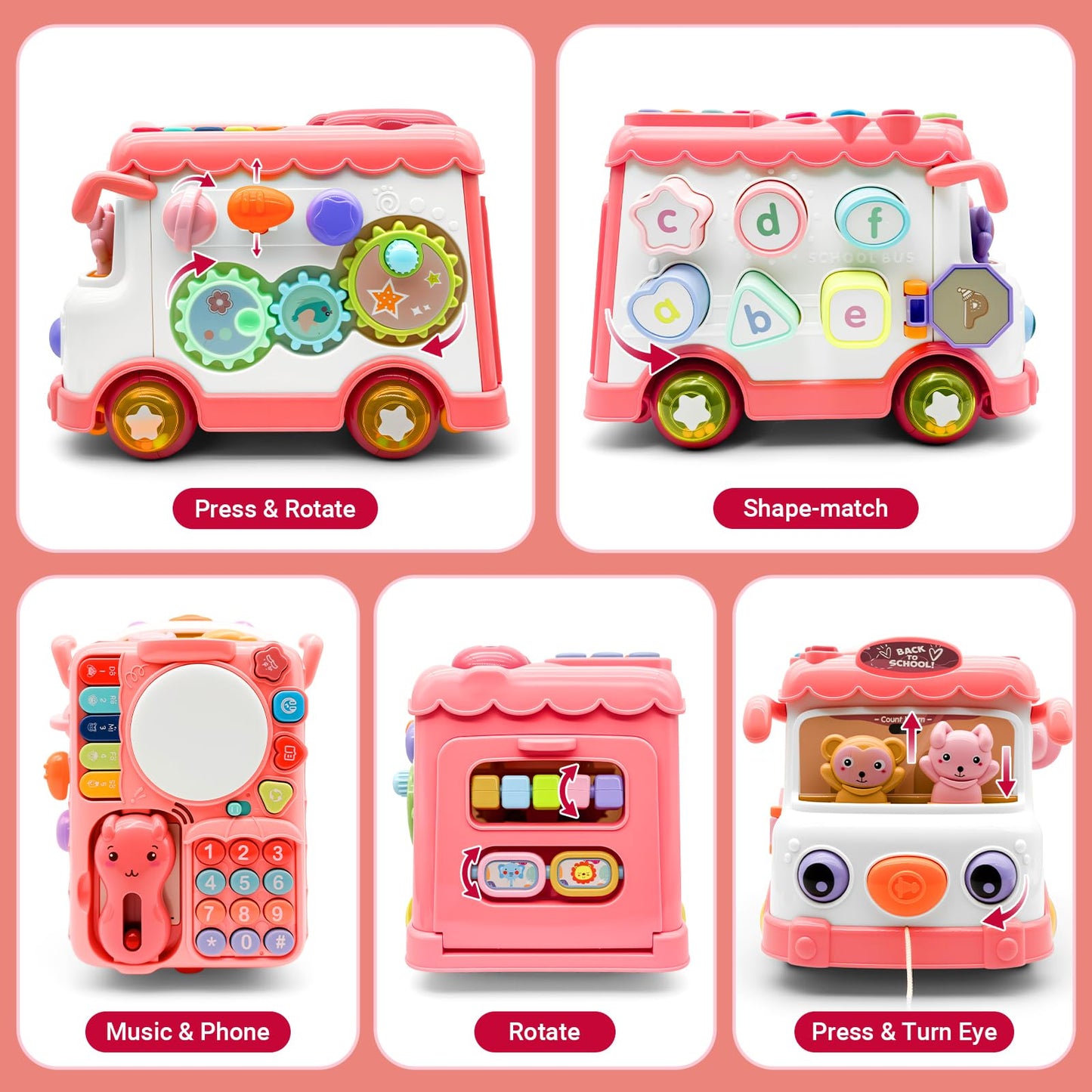 DELUTIQUE Baby Bus Toy for 1 Year Old Girl Gifts, Montessori Musical Bus Toy for Baby 12-18 Months, Baby Piano Drums for Toddlers 1-3, Shape Sort Toys 1st Birthday Gifts for Girls