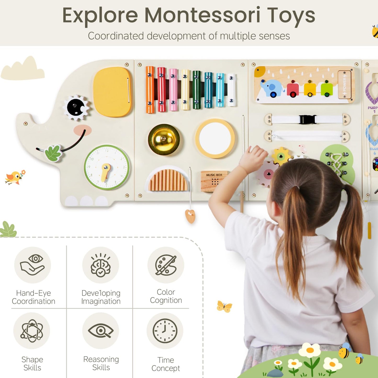 Elephant Activity Wall Busy Board Panels,Wooden Montessori Learning Activity Center Sensory Toys Wooden Sensory Wall Panel for Kids Ideal Furniture for Playroom Daycare Dentist Waiting Room Nursery