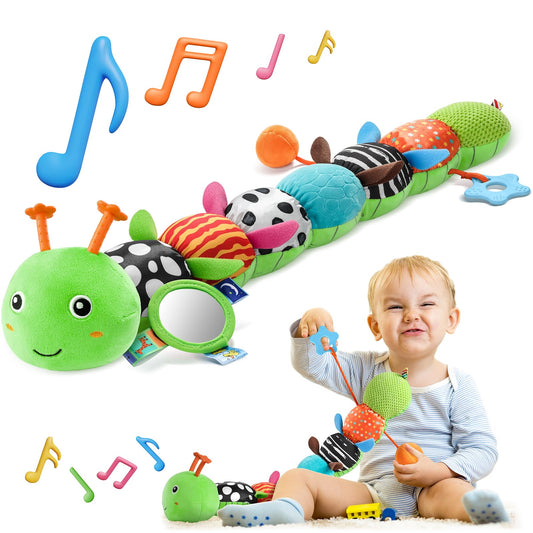 HEMRLY Baby Sensory Toy 0-6 Months, Musical Stuffed Caterpillar Plush with Teether, Crinkle, Rattle, Baby Mirror for Tummy Time, Infant Car Seat Toy for 0-3-6-12 Month Boys Girls Gifts - Winged Green