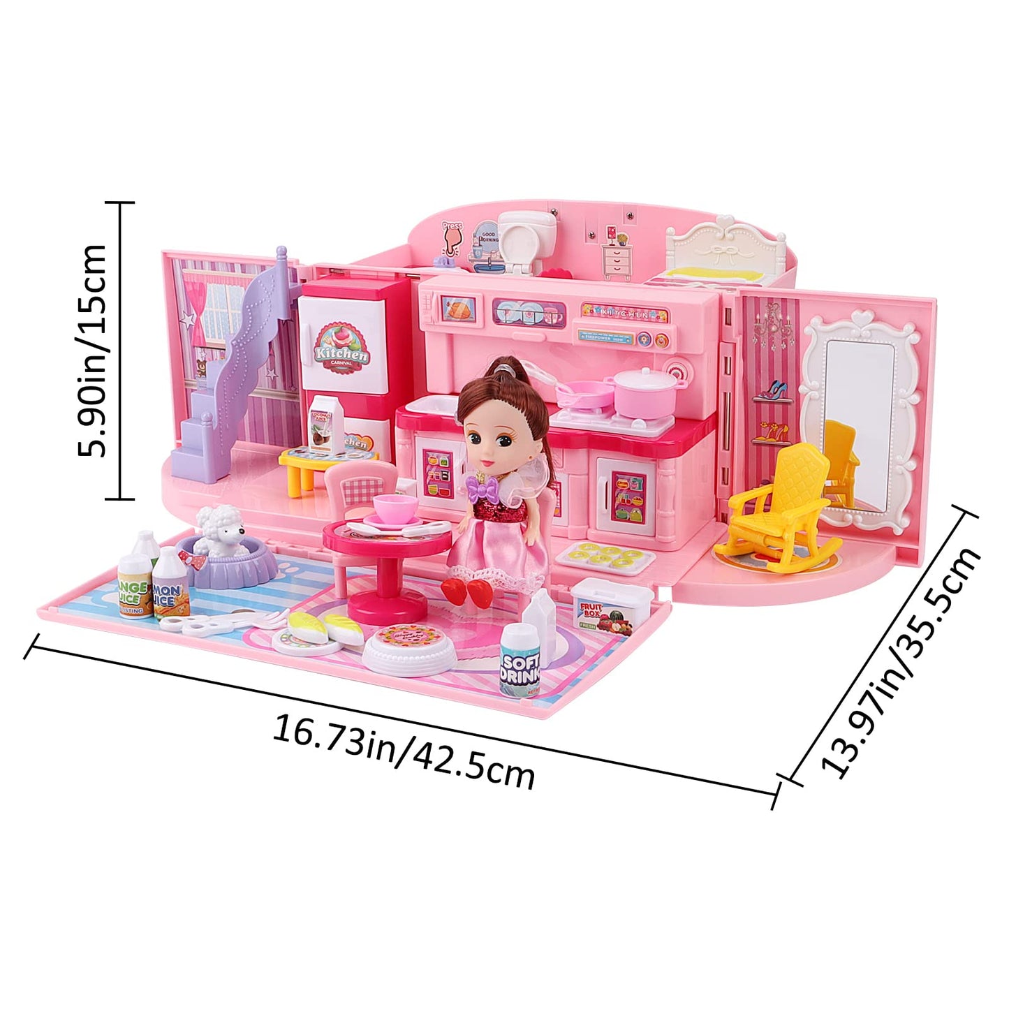 deAO Doll Houses Portable Backpack for Girls with Doll Toy House with Light and Music Baby Dollhouse Furniture for 3 to 8 Years Olds Toddler Kids