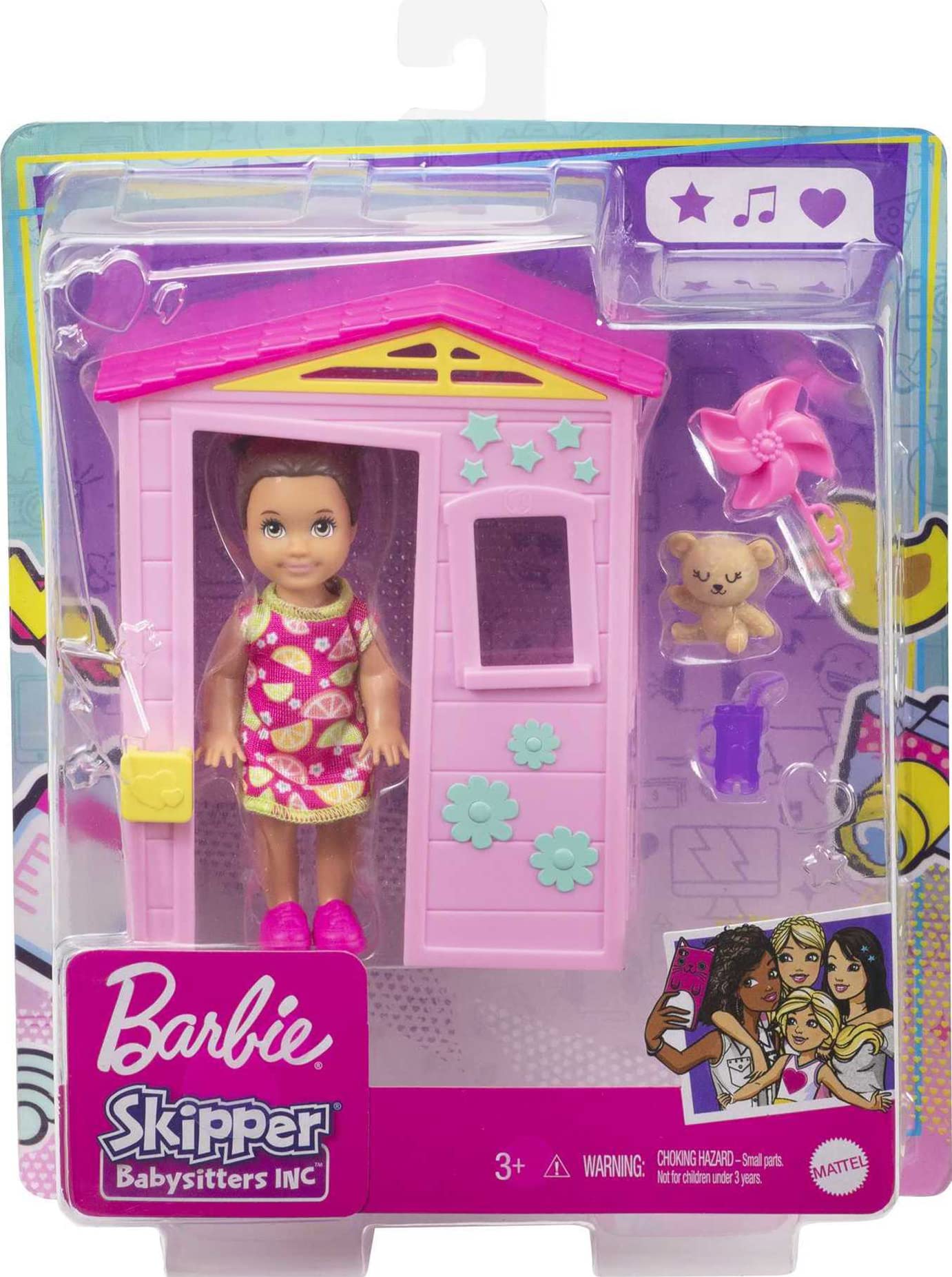 Barbie Skipper Babysitters Inc. Accessories Set with Small Toddler Doll & Pink Playhouse, Plus Pinwheel, Teddy Bear & Cup, Gift for 3 to 7 Year Olds