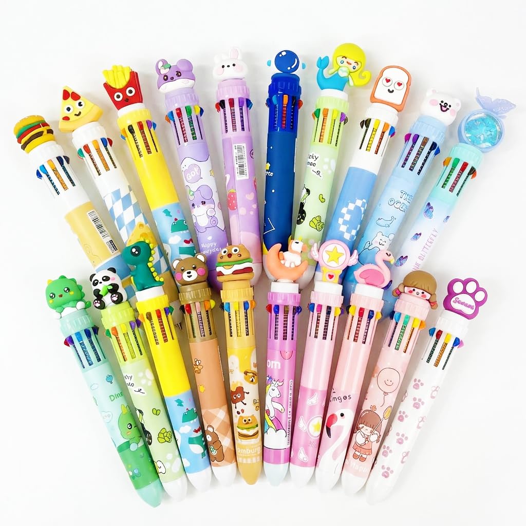 Rarler 20 Pcs Cute Cartoon 10-Color fidget Pens, Bulk Multicolor Ballpoint Pens, Party Favors for Kids 8-12, Goodie Bag Stuffers, Birthday Party Gifts, Classroom Prizes