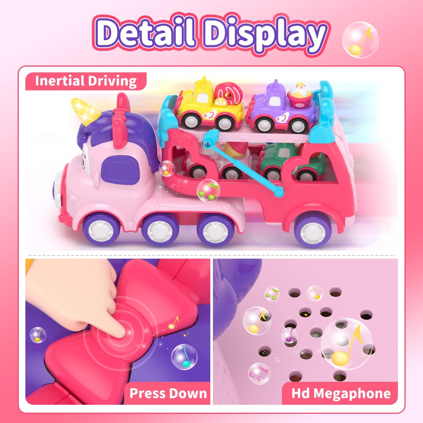 usrela 7 in 1 Unicorn Carrier Truck Toy for 1 2 Year Old Girl Car with Light & Music, Princess Toddler Girl Toys Age 2 3, Girl Car Toys for 1 2 3 Year Old Birthday Gifts Christmas for Baby Girl