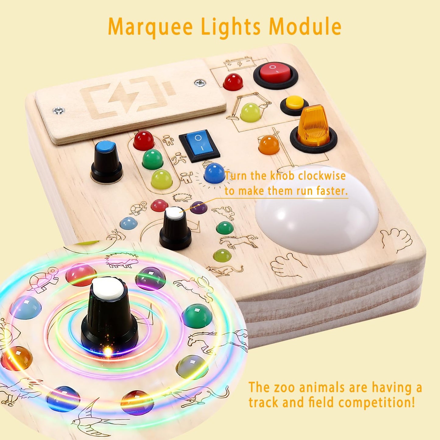 Toddler Busy Board ,Montessori Toy with Tap Light ,6.9"x5.9" Wooden Busy Board with LED Traffic Light for Kids , Travel Sensory Toys for 1+ Year Old baby Christmas/Birthday Gift(Battery Not Included)