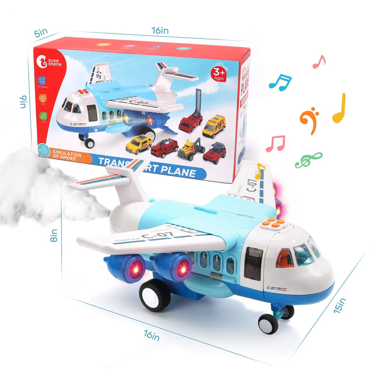 CUTE STONE Toy Airplane with Smoke, Lights & Sounds, Friction Powered Plane Toy with Mini Cars for Kids, Great Christ Gift for Boys and Girls