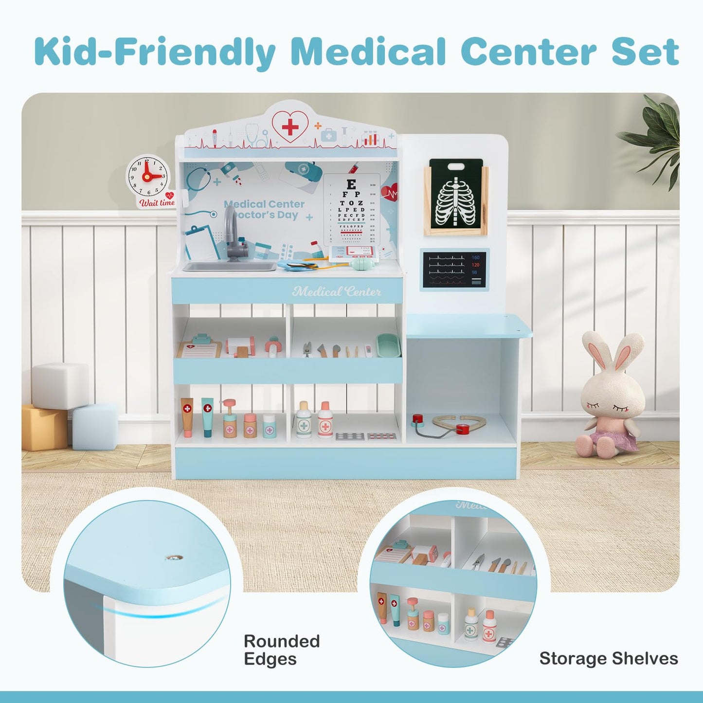 HONEY JOY Kids Wooden Doctor Play Set, 2 In 1 Checkup Medical Office Center & Vet Clinic Station, Exam Area & Interactive Accessories, X-Ray, Toddler Pretend Hospital Playset Kit for Boys Girls (Blue)