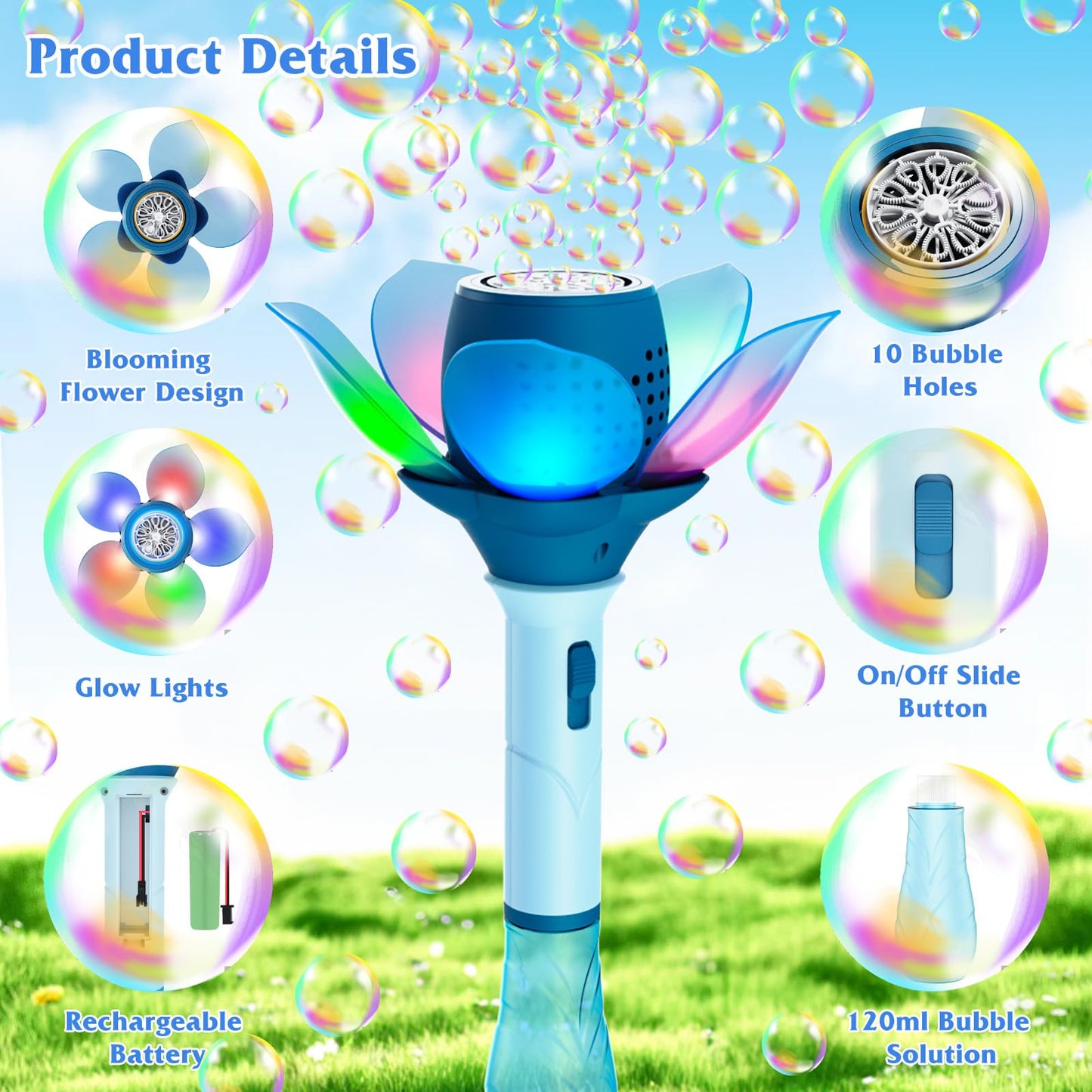 Panamalar Electric Bubble Wand for Kids, Automatic Bubble Machine 10000+ Bubbles Per Minute with Battery/Lights/120ml Solution, Light Up Flower Bubble Wand Bubble Toys for Summer Outdoor Party Wedding