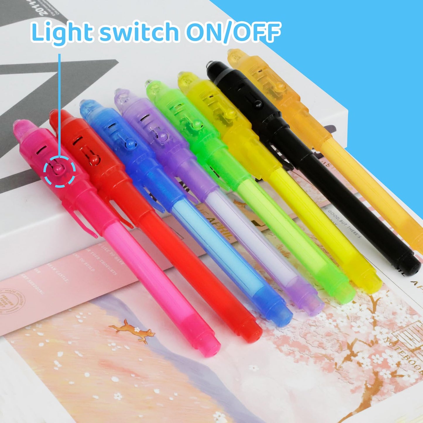 TIDALJAM 32 Pack Invisible Ink Pens with UV Light, 8 Colors Glow ， Secret Message Writing Detective Party Favors, Birthday Christmas Halloween Goodie Bag Stuffers Classroom Prizes School Supplies