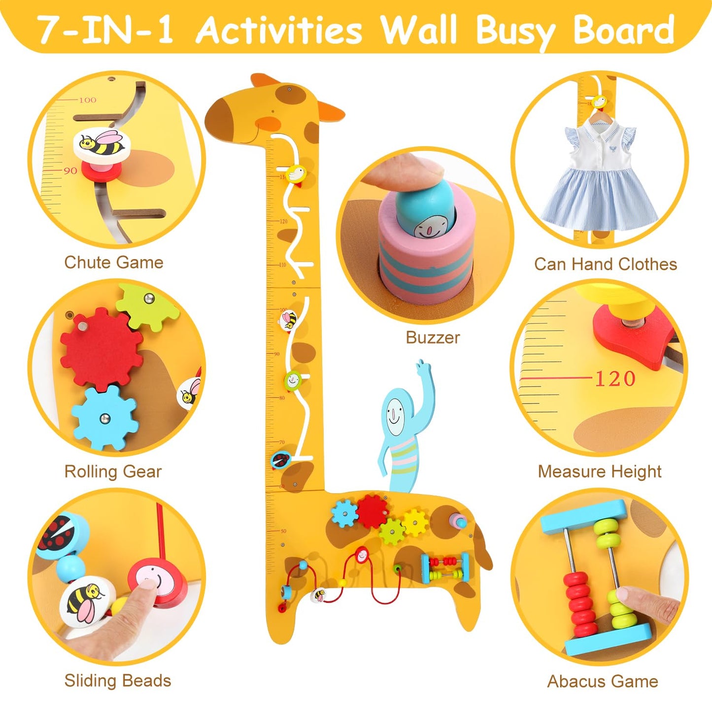 Dollox Giraffe Activity Wooden Wall Panels, 7-in-1 Toddler Multifunctional Busy Board Sensory, Interactive Educational Toy Montessori Wall Decor Preschool Toy for Daycare Activity Center Livingroom