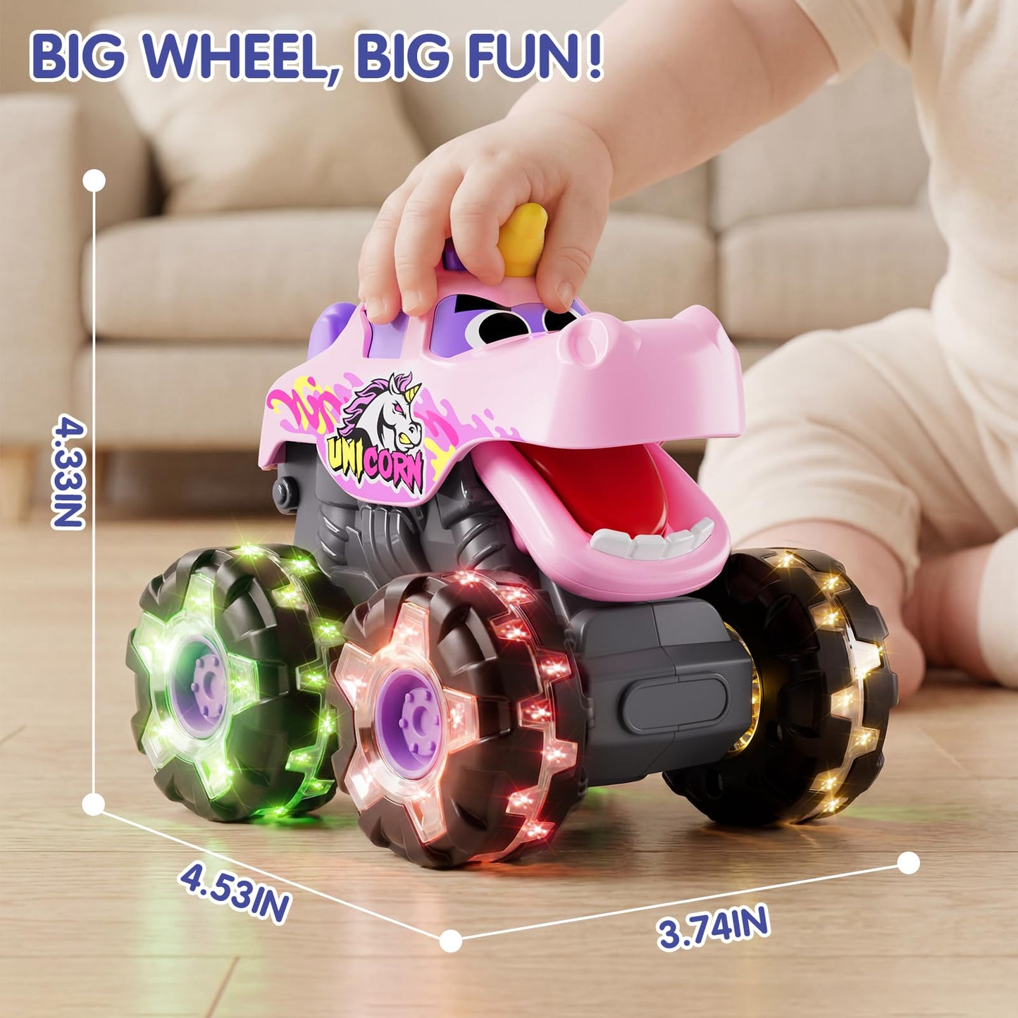 HOLA 3 Pack Monster Truck Toys, Push & Go Friction-Powered Light Up Cars with Color Changing LED Wheels for Kids Toddlers 1-5, Toys for 1 2 3 4 5 Years Old Boys Girls Christmas Birthady Gifts