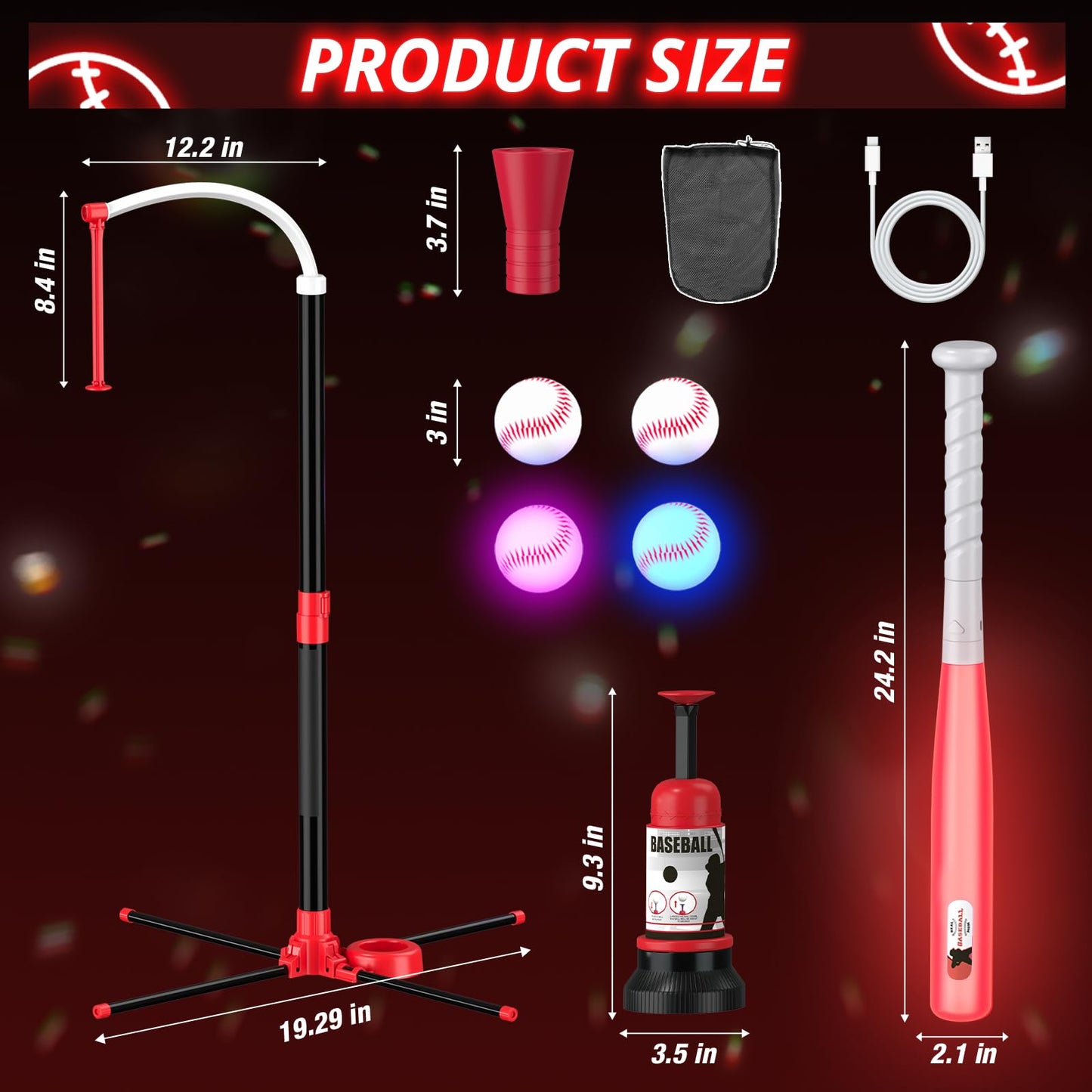 Wee Wonders 3-in-1 LED T Ball Set for Kids, Adjustable Height, Hanging Tee Ball Set with Baseball Launcher/4 Softballs/Light Up Bat, TBall Stand Sport Toys, Baseball Gifts for Boys Girls Age 3-5