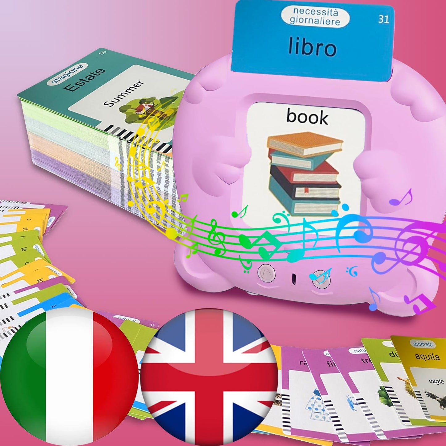 HALCONTORNO Bilingual English Italian Flash Cards - Talking Flash Cards for Kids, Pocket Speech for Toddlers 3-12, Educational Learning Audible Gift Play Cards Italian, Autism Sensory Toys (Pink)
