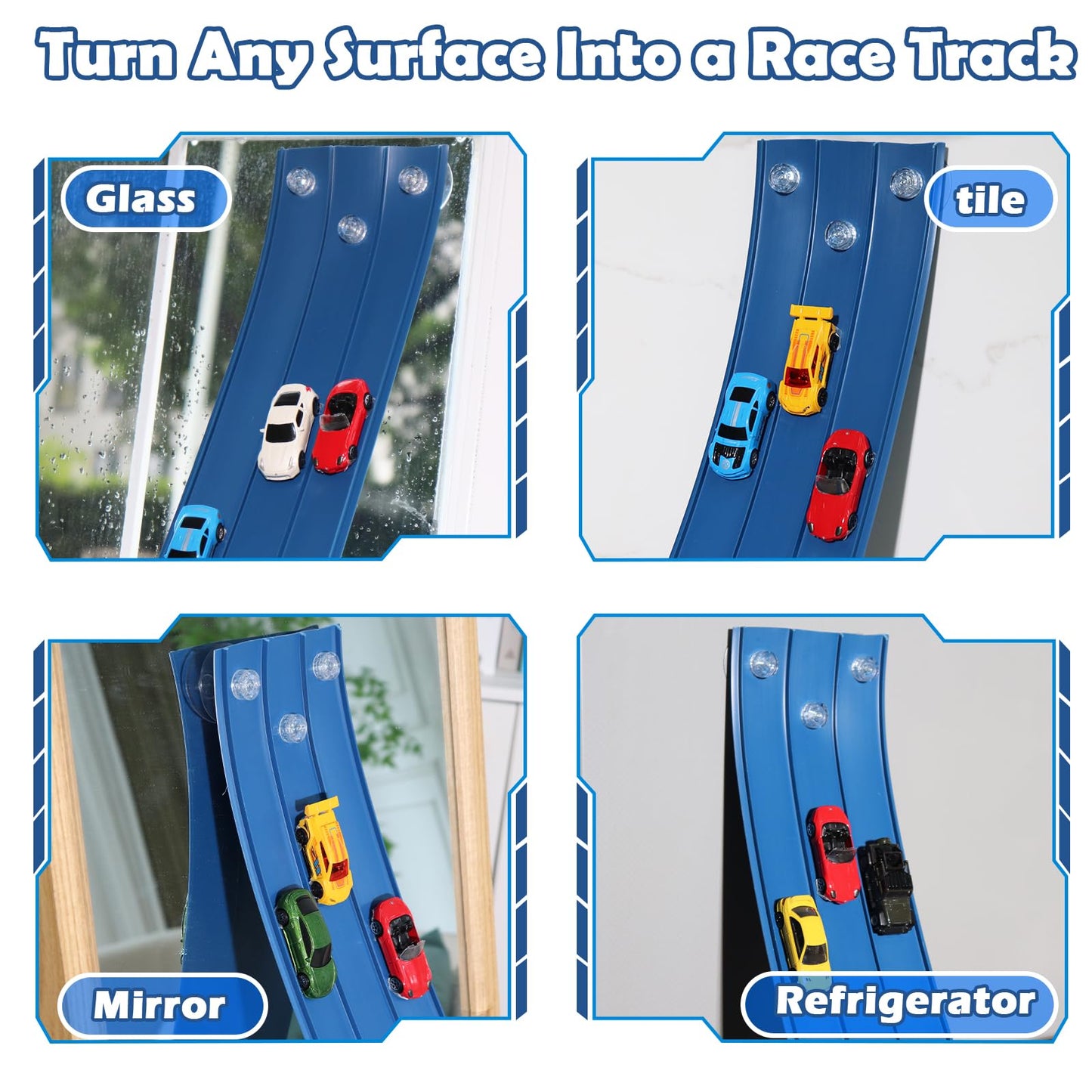 3-Lane Flexible Race Track for Kids 15ft Race Car Track Compatible with Diecast 1/64 Scale Cars, Flexible Car Track Race Ramp Toy with Strong Suction Cups