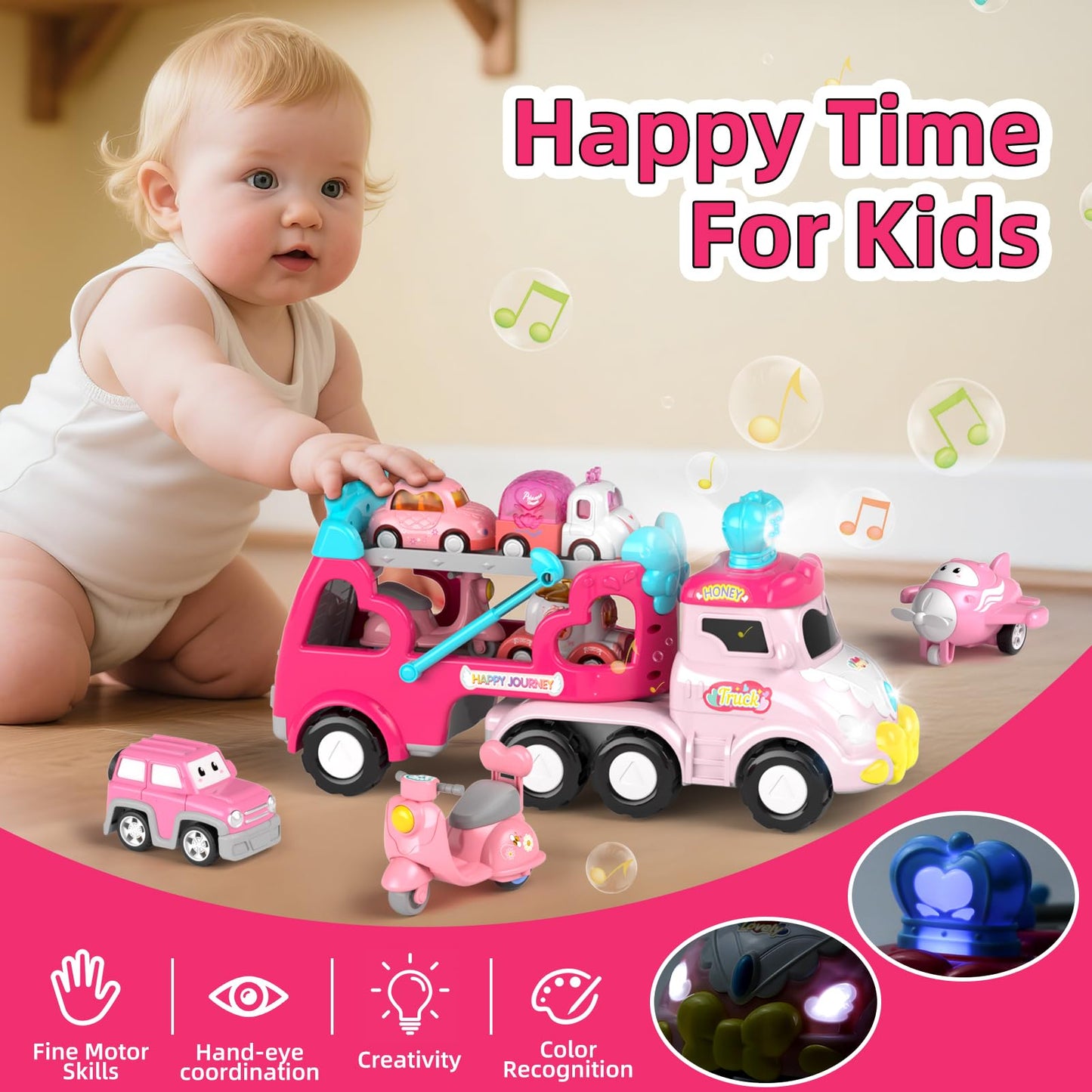 usrela Truck Toys for 2 3 Year Old Girl, 7-in-1 Carrier Truck Car for Toddler Girl, Toys Cars Age 2-3-4 with Light & Music, Birthday Gifts for 2+ 3+ Year Old Girls