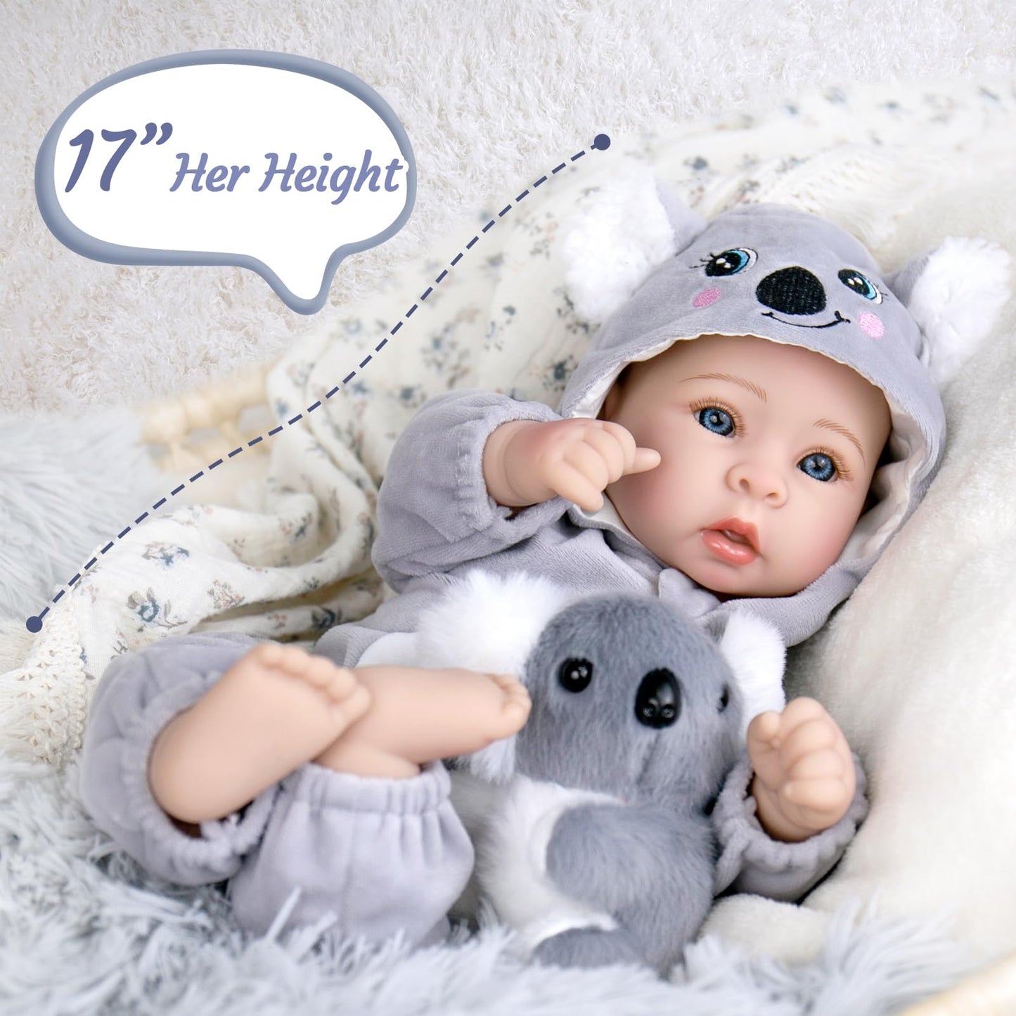 Aori 17 Inch Lifelike Baby Dolls Realistic Doll with Real Life Lightweight Soft Body & Grey Outfits, for Girls 3+ Role Play, Adoption Day, Photography Prop, Collectible