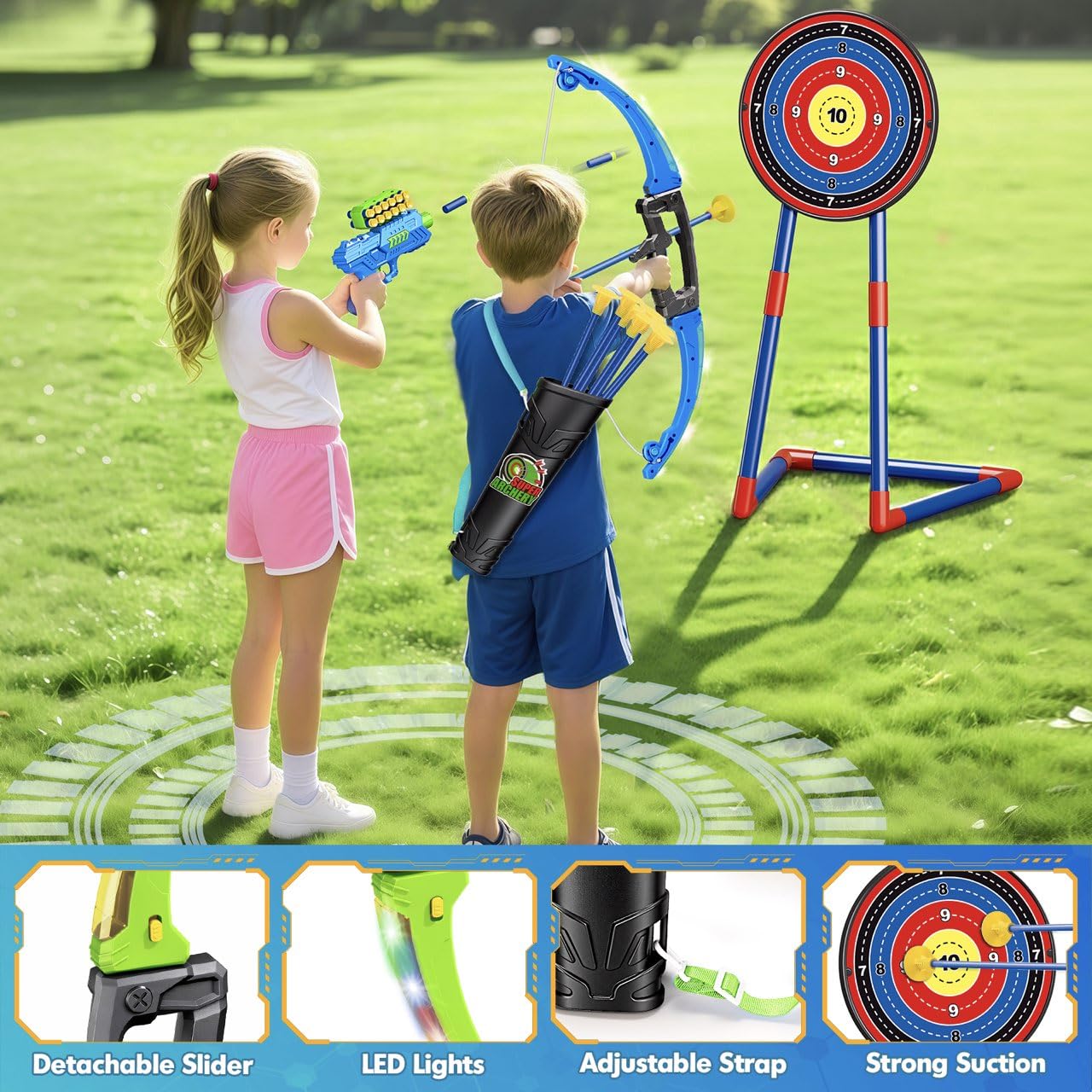 polokping 2 Pack Bow and Arrow Toy for 5 6 7 8 9 10+ Year Old Boys, Ideal Gift for Kids, Indoor Outdoor Shooting Game Toy for Ages 4-8 8-12, LED Light Up Archery Set with 12 Suction Cup Arrows