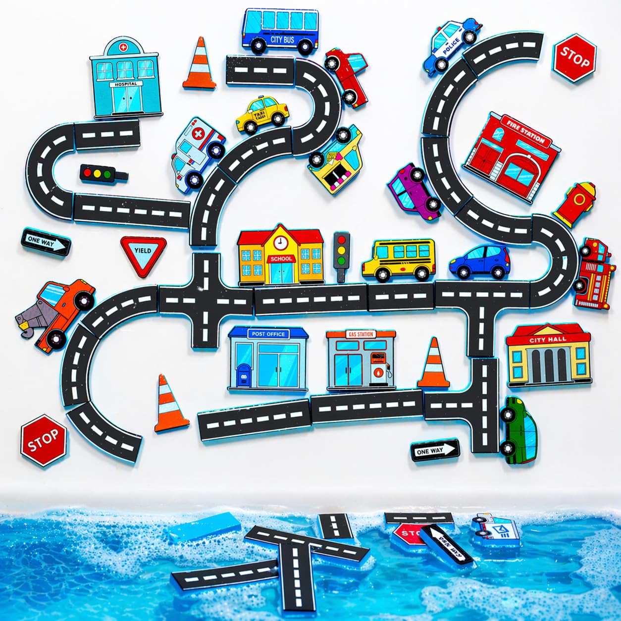 Tub Works® Tub City™ Stick, Build & Drive Toddler Bath Toy | 52 Foam Bath Stickers | Build a City with Roads, Buildings, Signs & Cars | Float & Stick to Tub Walls | Creative Bathtub Toys for Kids Bath