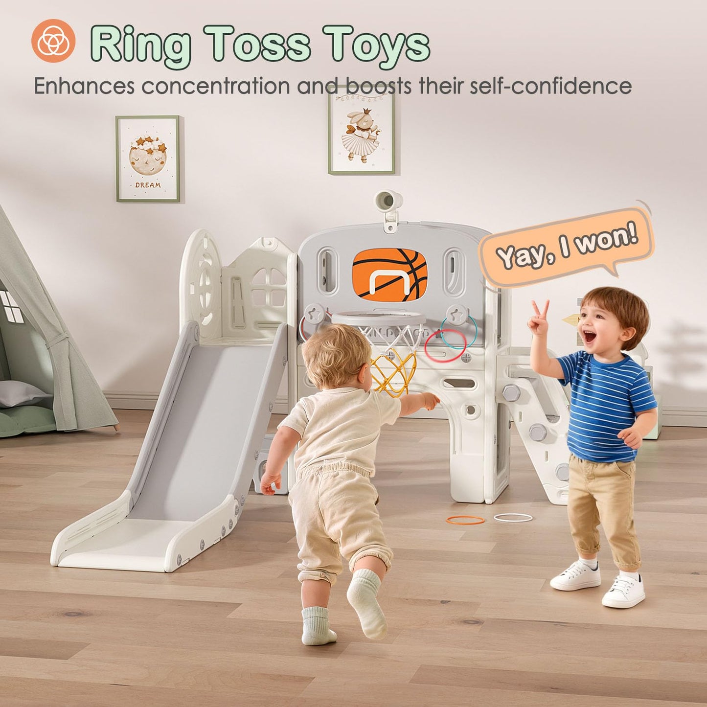 BIERUM 9 in 1 Toddler Slide Set - Baby Slide for Toddlers 1-3 with Ring Toss and Basketball Hoop, Indoor Outdoor Toddler Playset Playground Beige Gray