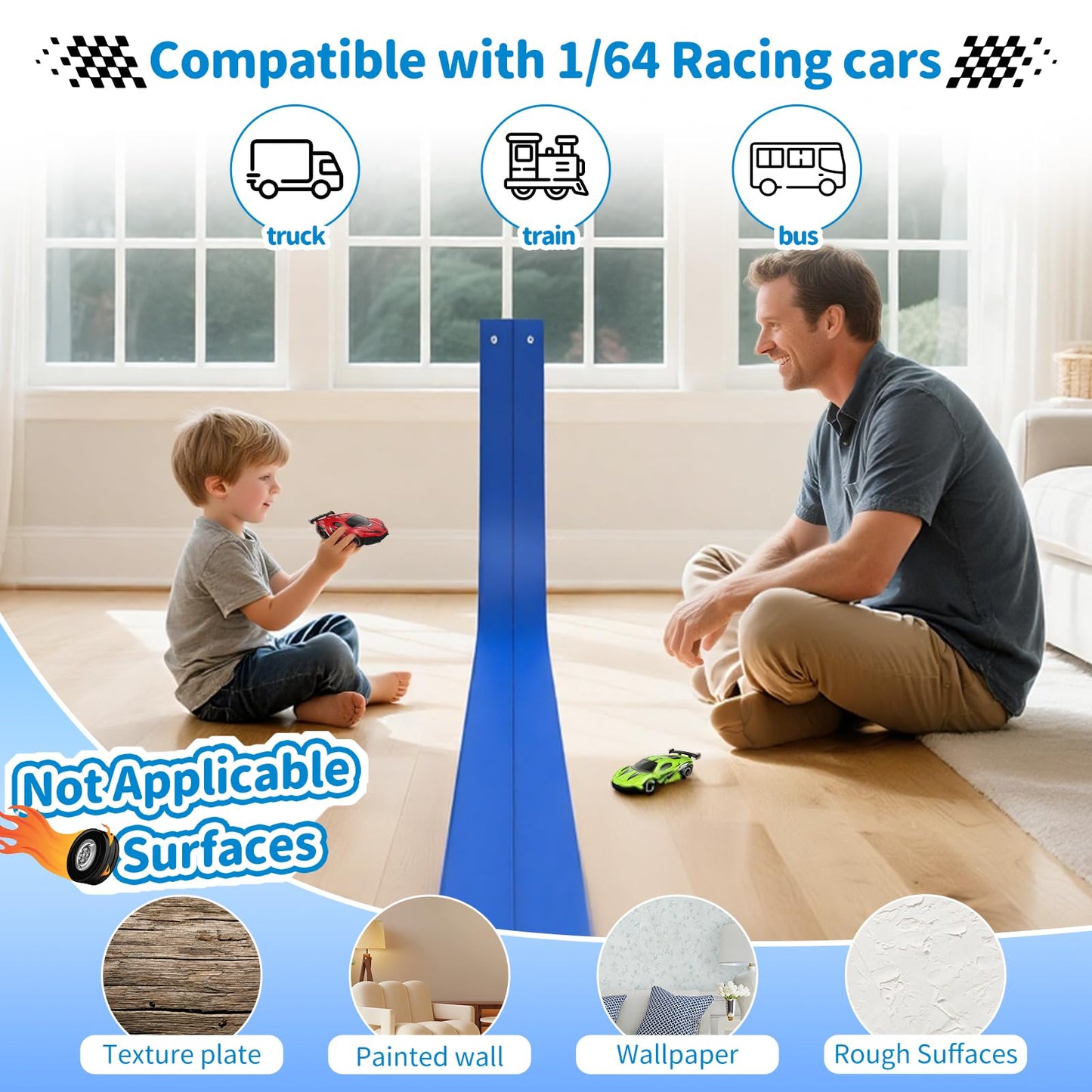 Flex Race Track 16 Ft with Suction Cups Compatible with Diecast 1/64th Cars, Flexible Car Track Toys for Ages 3+ Kids Toddlers Roll Out Portable Racetrack (Blue)