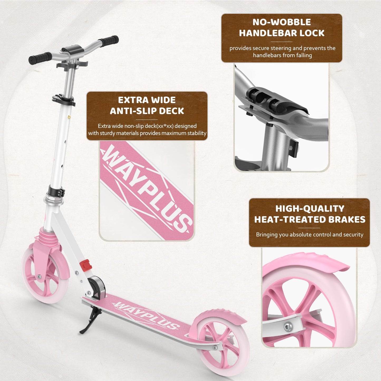WAYPLUS Kick Scooter for Ages 6+,Kid, Teens & Adults. Max Load 240 LBS. Foldable, Lightweight, 8IN Big Wheels for Kids, Teen and Adults, 4 Adjustable Levels. Bearing ABEC9