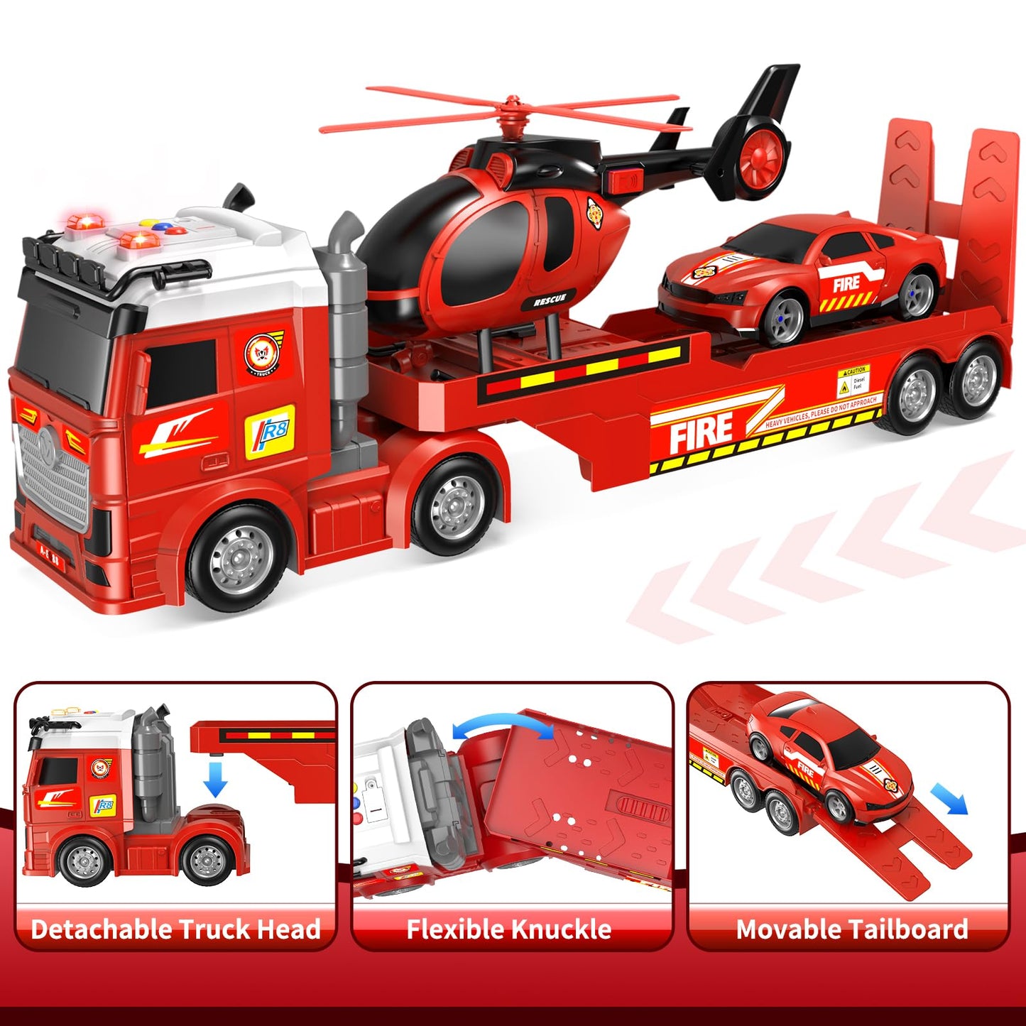 DWIRCTOYS Kids Toys for Ages 3 4 5 6 7 8 Years Old Boys, 25" Large Fire Semi Truck with Helicopter & Race Car, Friction Powered Vehicle with Lights & Sounds,Birthday Gift for Boys Girls