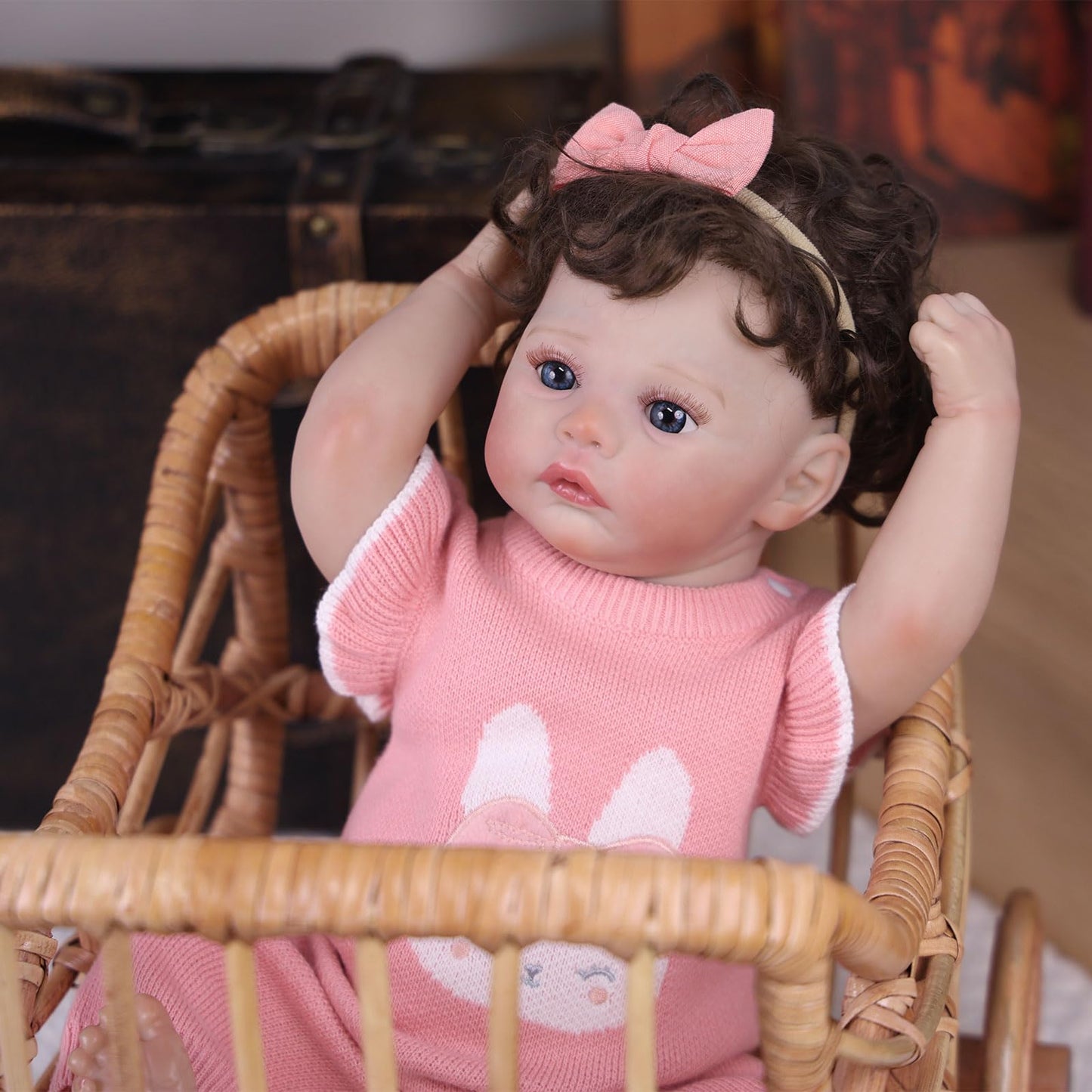 Tookyhill 16 Inch Lifelike Reborn Baby Doll, Full Vinyl Body, Poseable Limbs, Pink Knit Outfit & Plush Bear Toy, Realistic Newborn Doll Gift for Toddler Girls Age 3+ (Brown Bear)