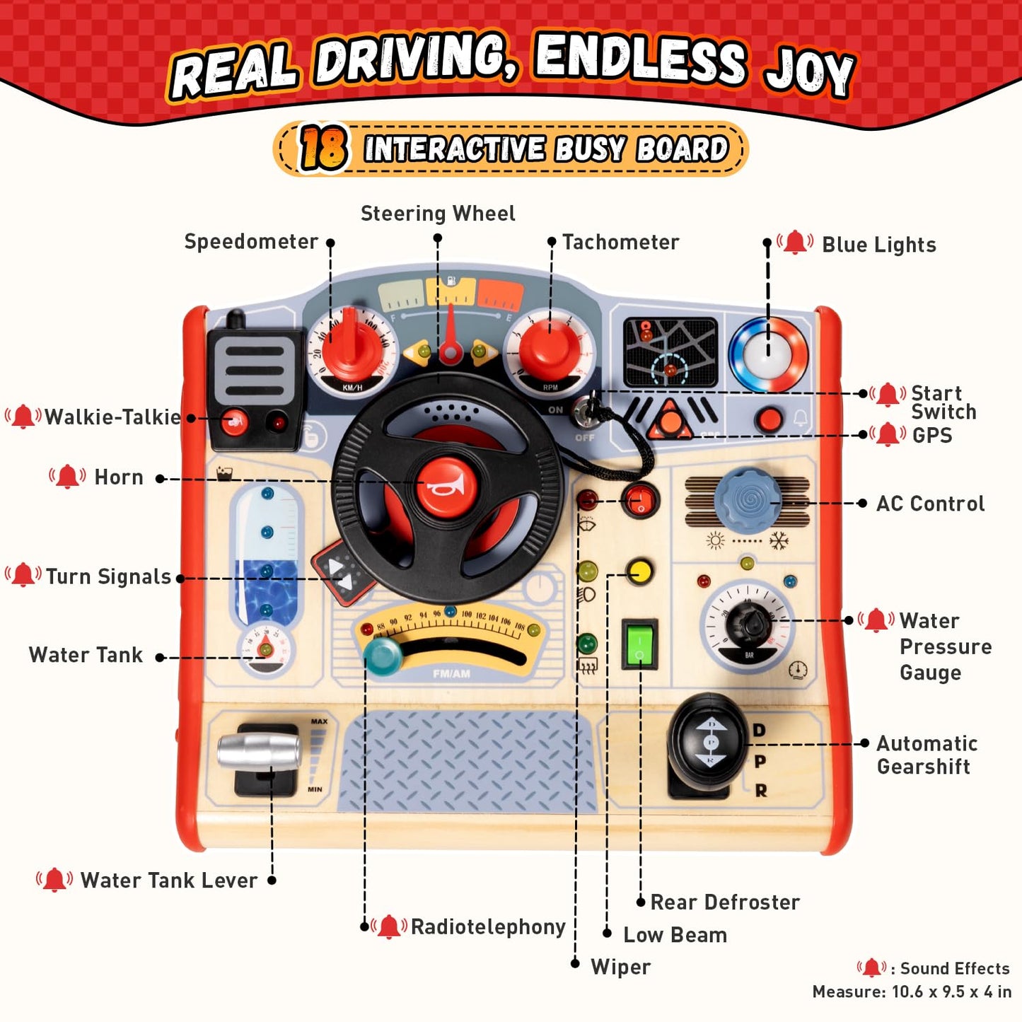 Toddler Busy Board Toy for Steering Wheel with Sounds & Lights, Sensory Montessori Toy for 3 Year Old Boys Girls Birthday Present, Wooden Travel Toys for Kids Ages 3