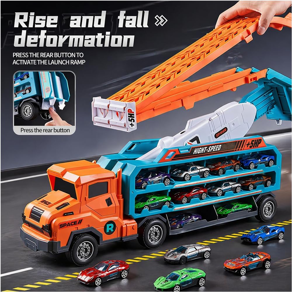 Unimoly Carrier Truck Transport Toy, Foldable 2-Layer Car Race Track Playset with 33" Track & 6 Metal Cars, Birthday Gift for Boys Ages 3-8 (Green)