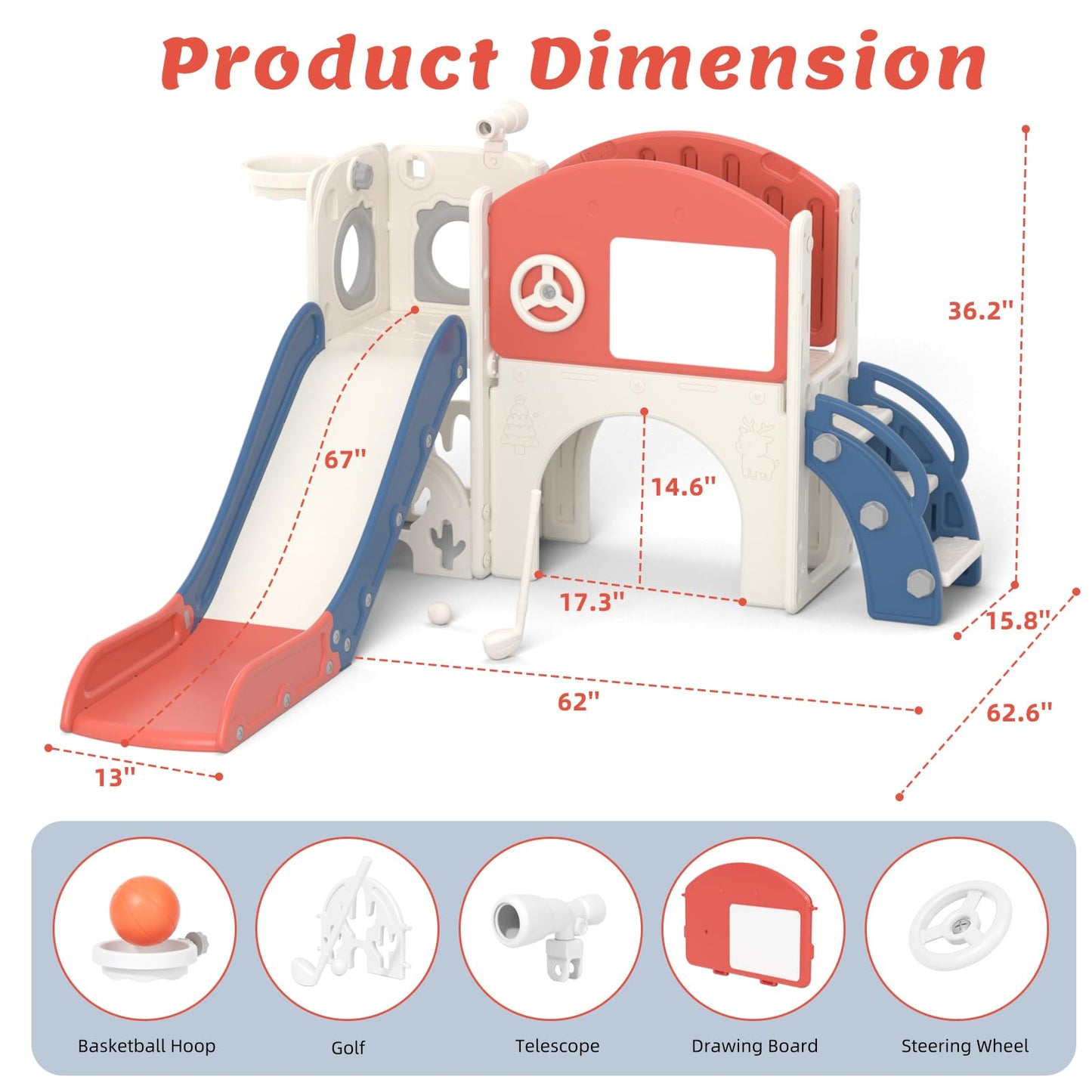 67i 10 in 1 Toddler Slide Playset for 1-3 Years - 1-Hour Easy Assembly, Sturdy Compact Design, Indoor/Outdoor Playground with Drawing Board, Golf & Climbing Skill Development (Red Blue)