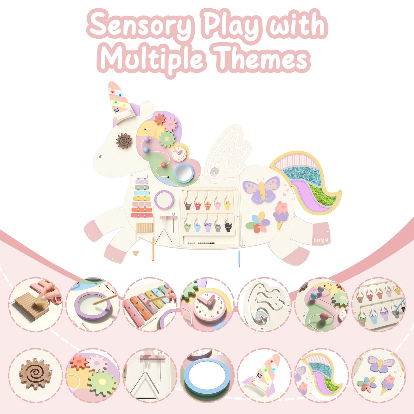 Asweets Unicorn Activity Wall Busy Board Panels, Montessori Sensory Toys, Toddler Learning Activity Center, Perfect for Toddler Playroom & Children's Daycare, White