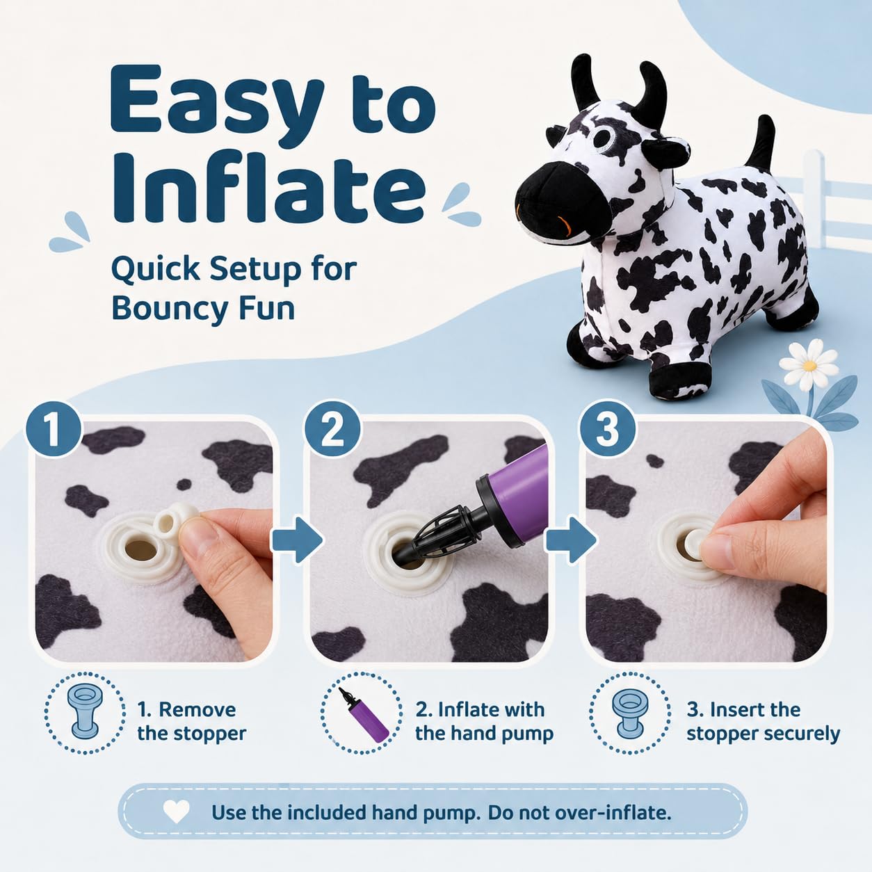 THXKNJ Hoppity Cow Inflatable Hopper with Pump, Plush-Covered Bouncy Animal Ride on Bouncer for Toddlers & Kids, Jumping Cow Hopping Toy Birthday Gift for Boys Girls 18 Months to 6 Years Old