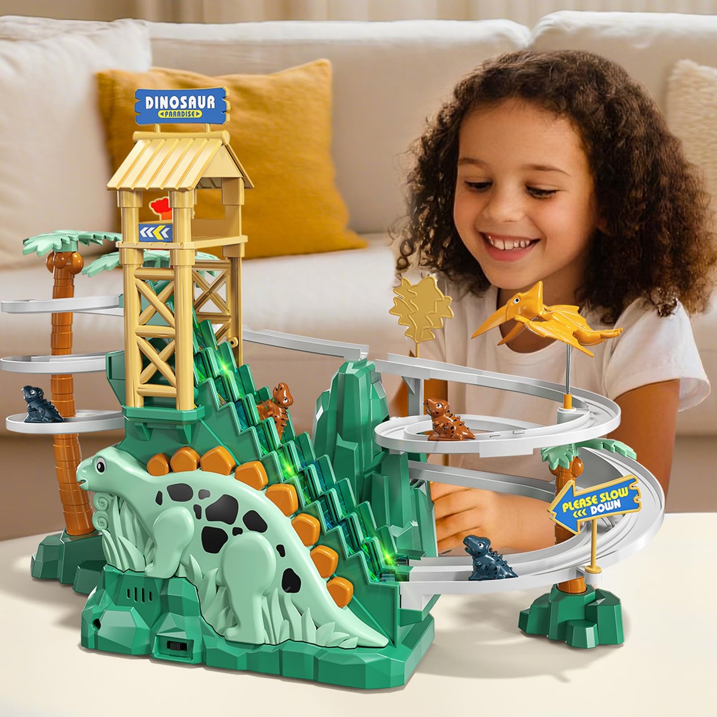 JUKUDAHU Dinosaur Climbing Slide Stair Toy for Toddlers Aged 3 4 5 6 7 8 - Racing Track Game Set, Sliding Car Toy, Dinosaur Themed with Light and Music, Birthday Dinosaur Gifts for Boys Girls Kids