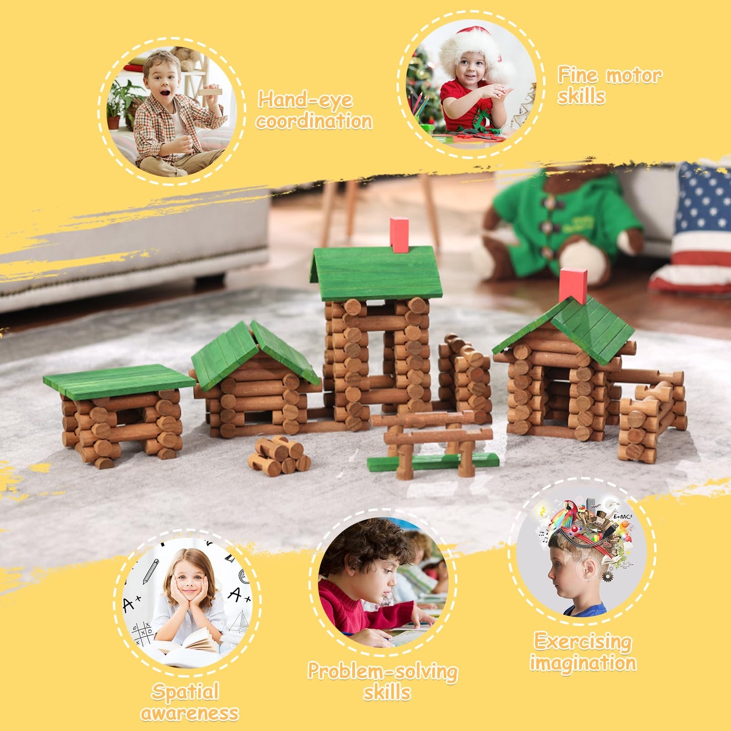 SainSmart Jr. 480 PCS Wooden Log Cabin Set with Storage Box, Building House Toy for Toddlers with 7 Toy Cars, Classical STEM Construction Kit Compatible with Lincoln Logs, Ideal Gift for Ages 3+