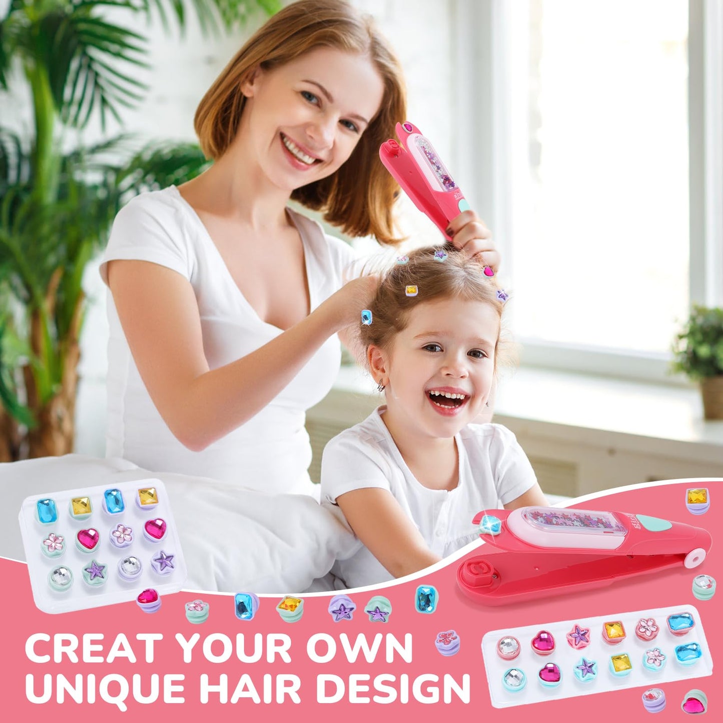 stochastic box Hair Jewels Stamper Kit,Hair Styling Tool with 24 Reusable Shining Diamonds,Hair Gem Stamper Creative DIY Hair Art Crafts for Girls