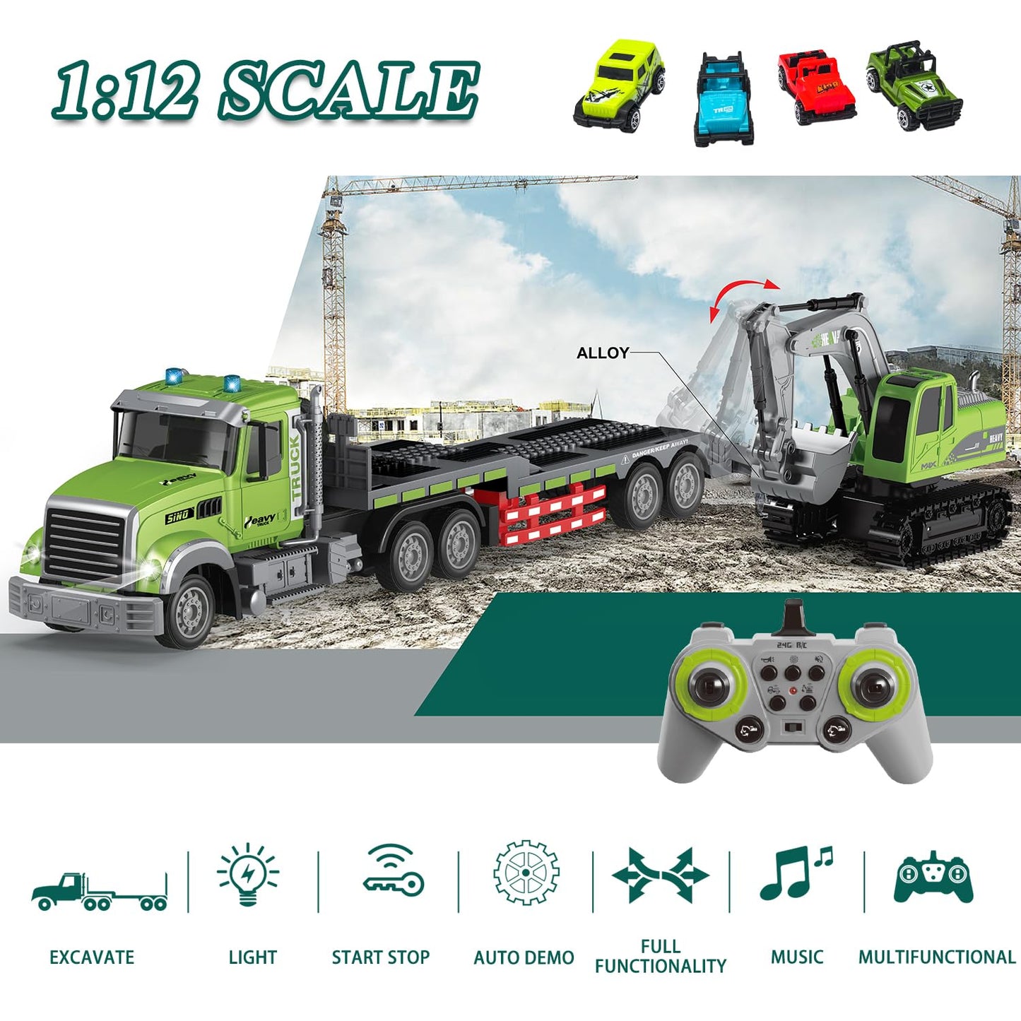 Fistone RC Semi-Trailer Truck & Excavator Toy Set, 1:12 Scale with Sound and Lights, 2.4Ghz Remote Control Flatbed Truck and Excavator Toys for Boys 6-12 Years Old