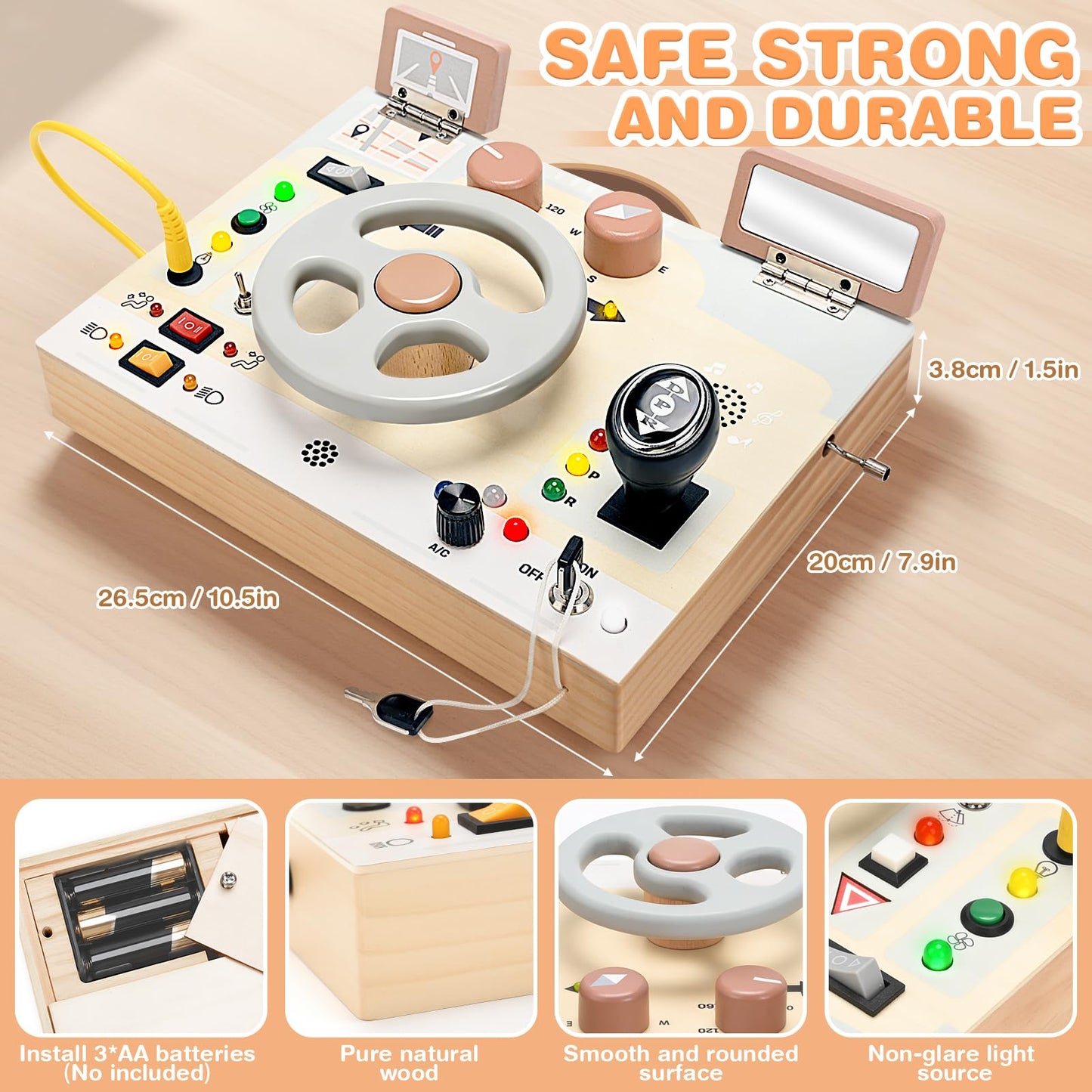 Joyreal Montessori Toddler Busy Board - Montessori Toys for 1 2 3 Years Old, Wooden Sensory Board with LED Lights, Steering Wheel, Music Player, Travel Toys for 1+ Year Old Boy & Girl Birthday Gift
