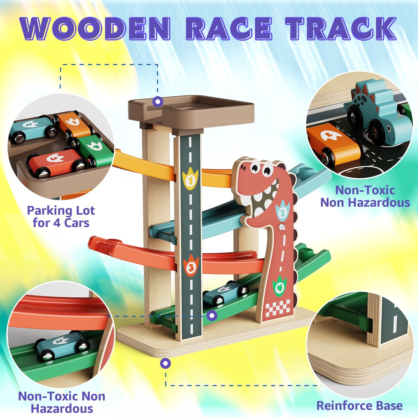 Paisure Wooden Car Ramp Toy for Toddlers 1-3, Montessori Toy with 6 Cars (Dinosaur & Racing), 4-Level Car Ramp Race Track, Toddler Toy & 1 Year Old Birthday Gift