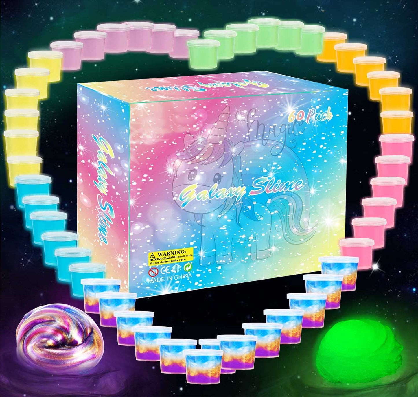 60 Pack Galaxy Slime Pack, Including Glow in The Dark Slime 30 Pack and Galaxy Color 30 Pack, Super Soft and Stretchy Slime Toy for Kids Valentine, Birthday, Classroom Prizes, Goodies Bag Stuffer.