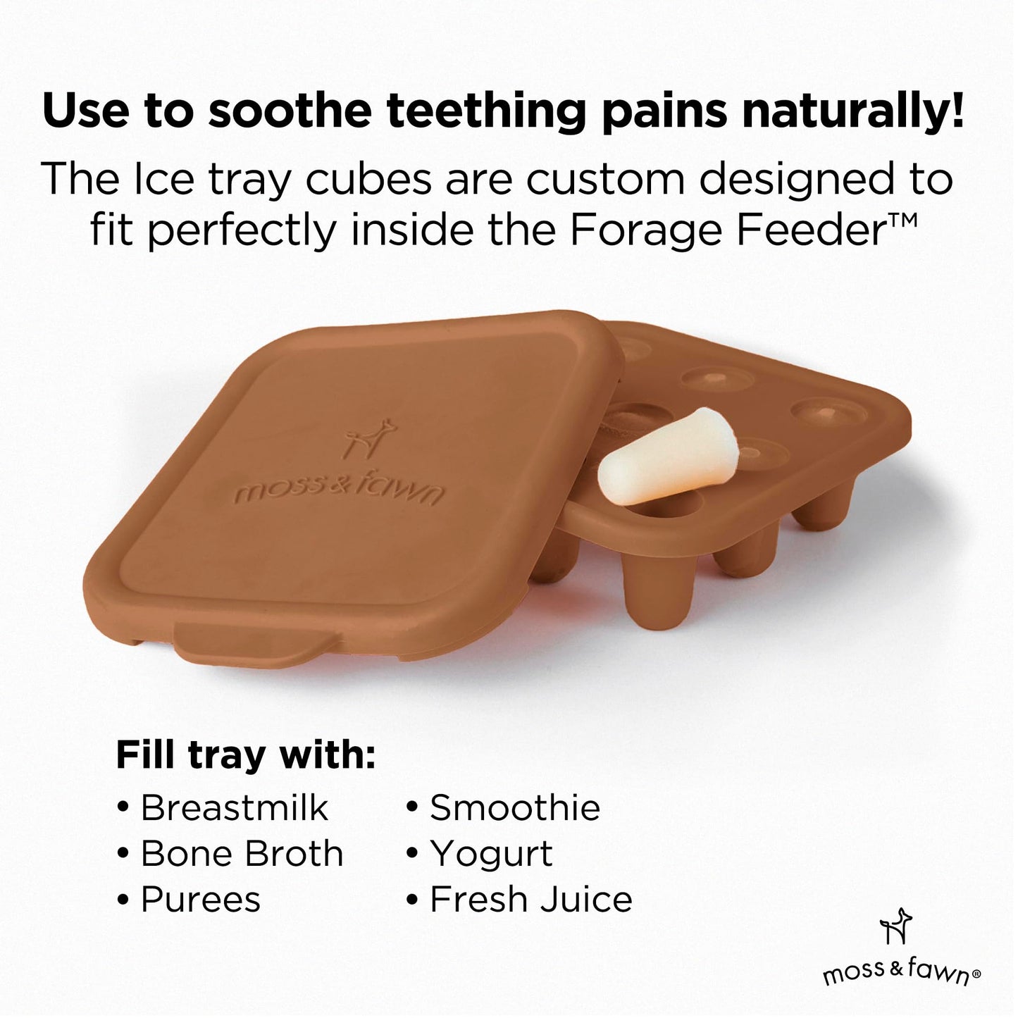 Moss and Fawn Little Explorer Kit - Silicone Frozen Breast Milk Popsicle Kit with Forage Feeder, Teething Popsicle Ice Cube Tray, & Gather & Roll Baby Feeding Bib - BPA, PVC, & Lead-Free - Foliage