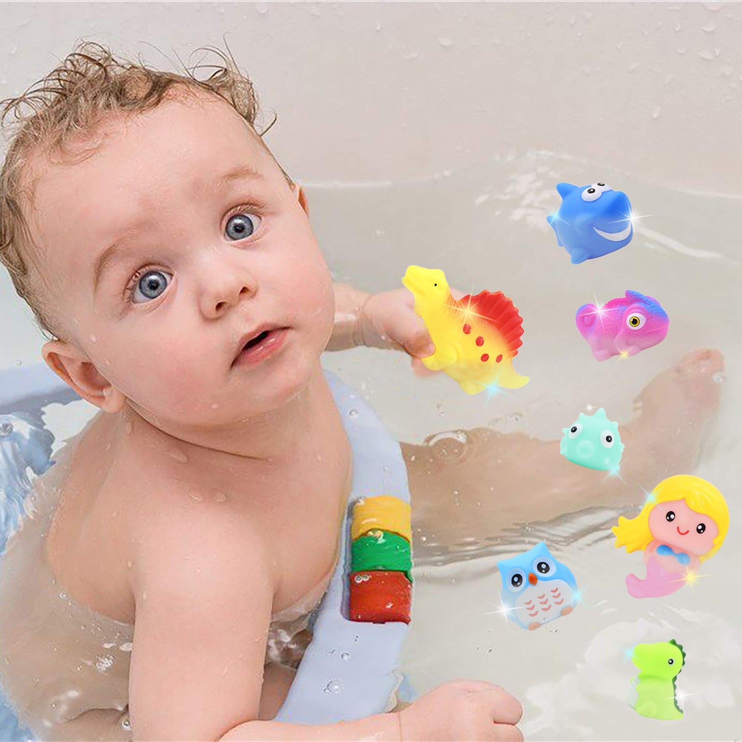 yoliyogo Animal Bath Toy Floating Auto Flashing Early Learning Toy Package with 8 Pcs Dinosaur Shark Flamingo Mermaid Etc Bathtub Shower Set Gift for Kids&Pets