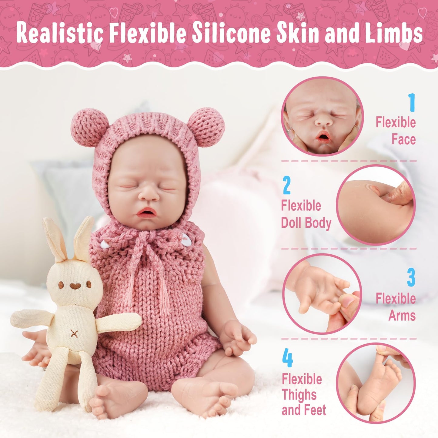 Vollence 12 inch Eyes Closed Silicone Baby Dolls Lifelike Real Sleeping Babies with Feeding Accessories for Children Gifts - Girl