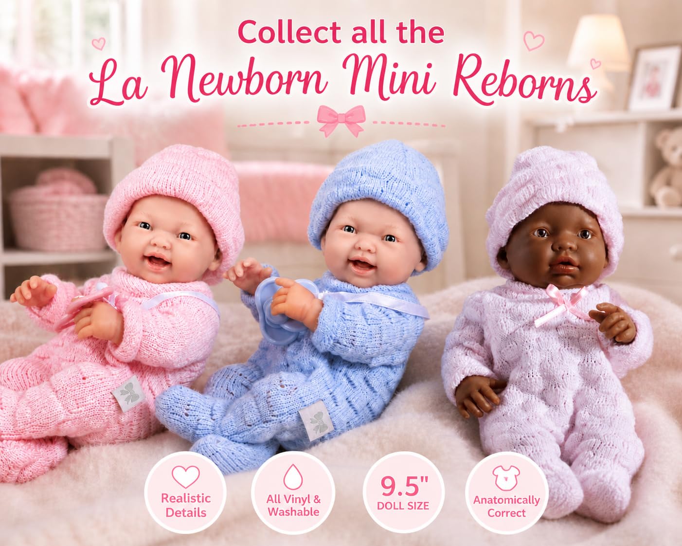 JC Toys - Mini La Newborn First Day | Anatomically Correct Real Boy Baby Doll | 9.5" All-Vinyl | Includes Knit Outfit, Hat and Pacifier | Designed by Berenguer | Ages 2+