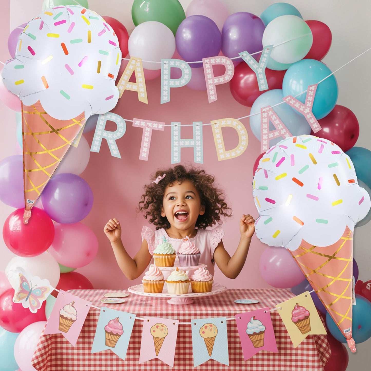 32 Inch Large Ice Cream Balloons Cone Kit, Giant Sweet Ice Cream Sprinkle Foil Balloons, Popsicle Three Scoops of Fun Social Party Decorations for Kid Girls Birthday Summer Beach Hawaii Pool Decor