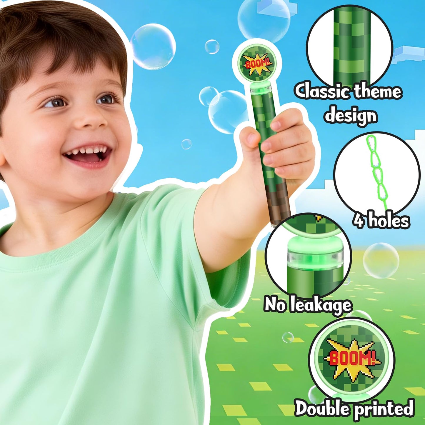 24 Pack Pixel Bubble Wands Bulk for Kids - Themed Birthday Party Favor with Green & Brown Pixel Mini Bubbles, Goodie Bag Stuffers, Classroom Prizes, Summer Outdoor Toys, Graduation Party Favors