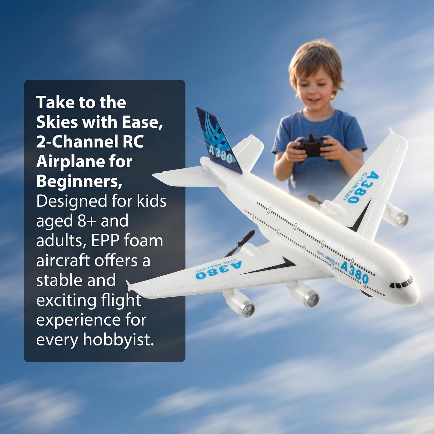 Remote Control RC Airplane Ready to Fly 2.4GHz – Airbus A380 Model, 2-Channel Beginner RC Plane Toy for Kids & Adults with Gyro, Foam Durable & Easy Fly