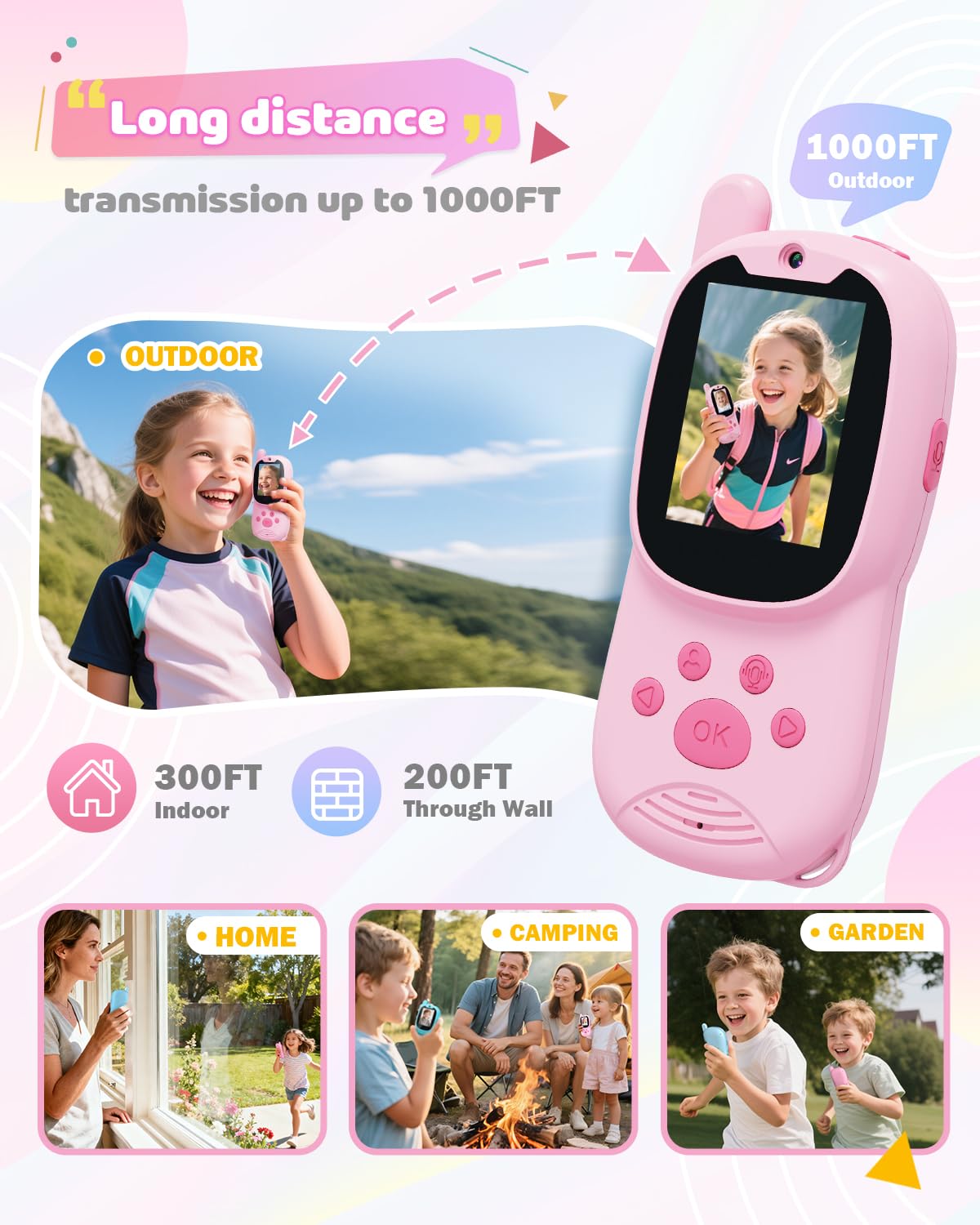 Eveedo Video walkie talkies for Kids,2 Pack Rechargeable Kids Walkie Talkies can Send Messages,Christmas Birthday Gifts for Kid Age 3-12,Portable Toddler Toy for 4 5 6 7 8 9 Year Old Girls Boys Pink