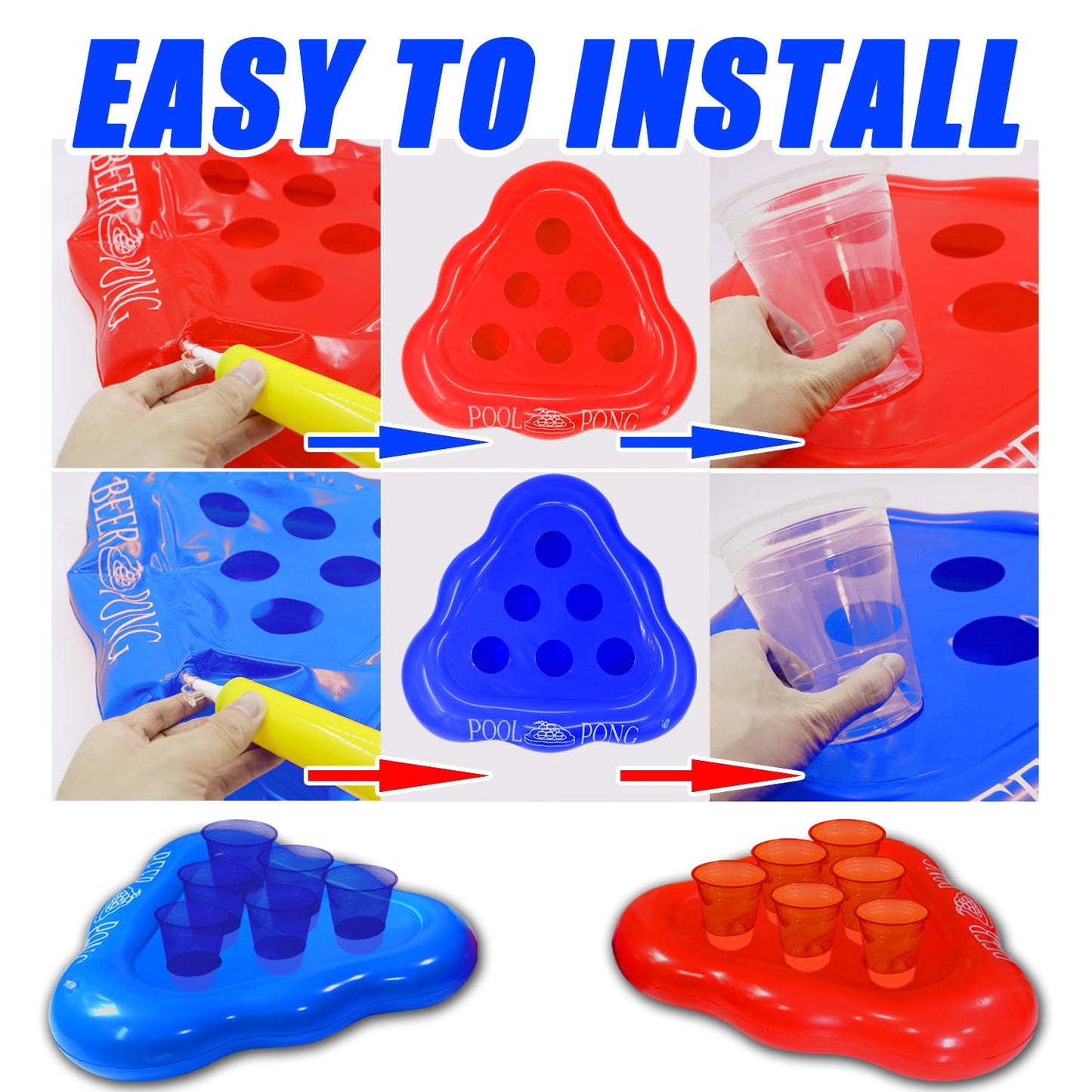 mishunyus 20 Pcs Glow Pool Pong Games,Light Up Floating Pool Games,Pool Party Games for Daytime/Nighttime,2 Inflatable Pong Rack(Red & Blue),12 Glow Cups, 6 Glowing Balls